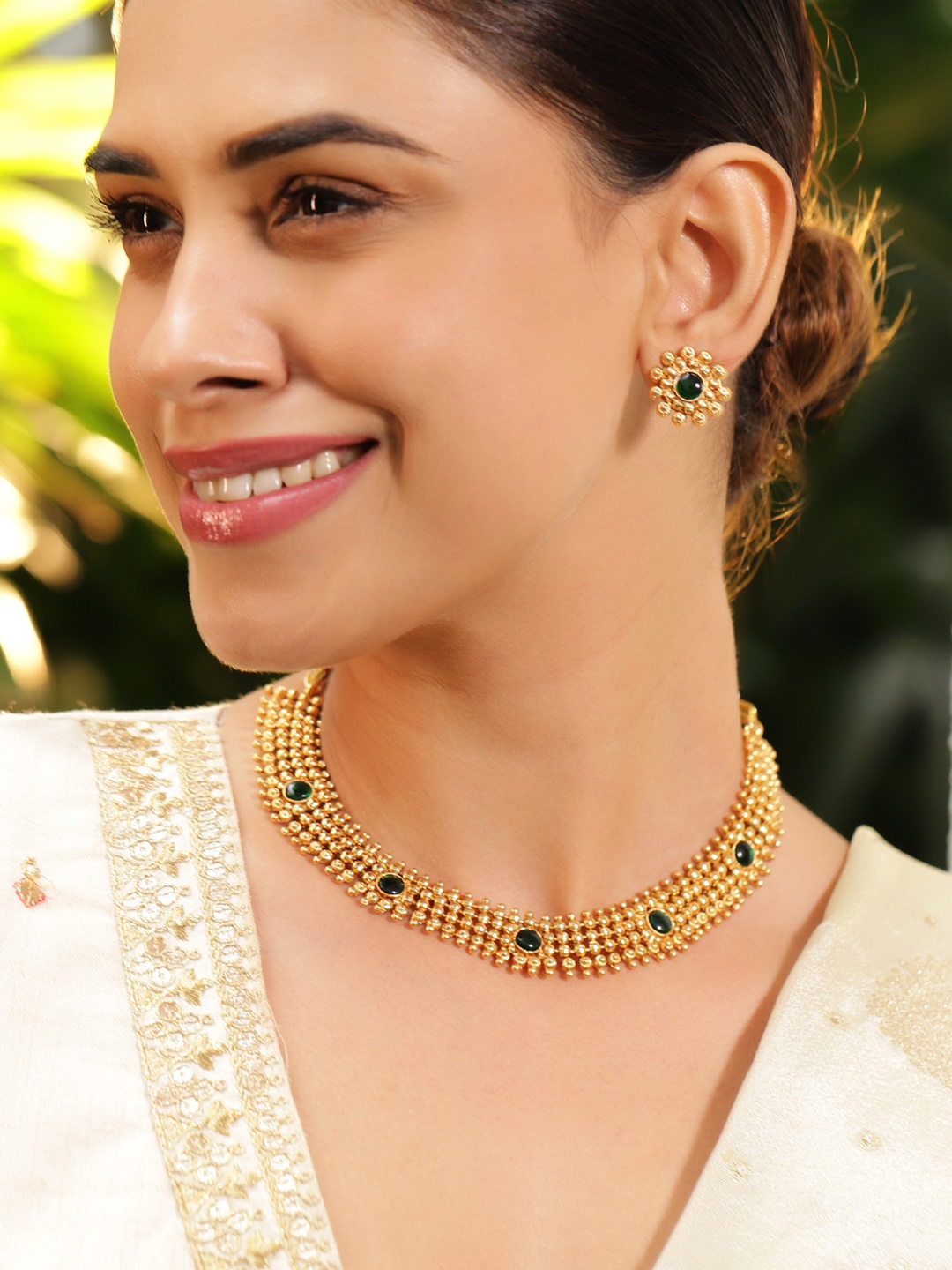 

Rubans 22K Gold-Plated Emerald Studded Traditional Choker Necklace Set with Gold Beads