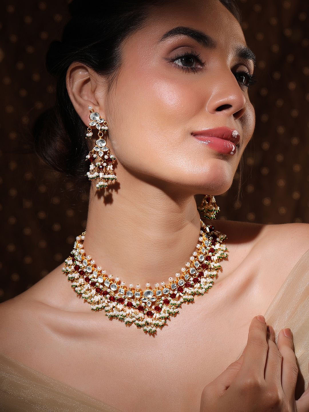 

Rubans 24K Gold-Plated Pachi Kundan Jewelry Set with Green, Red & White Bead Accents