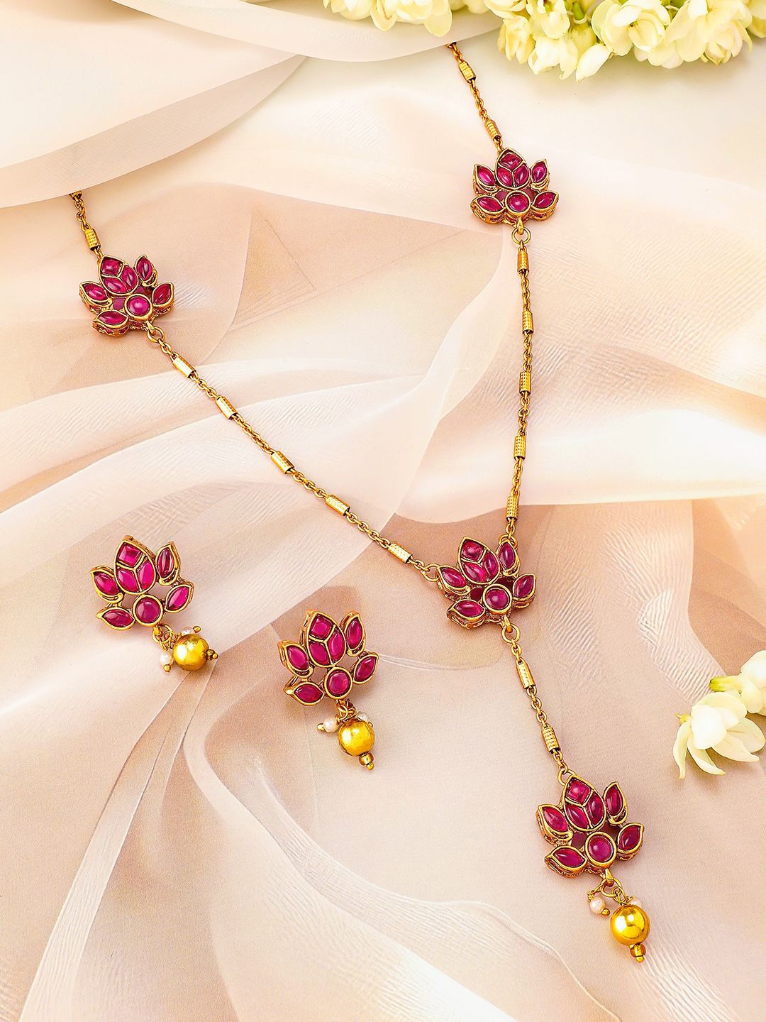 

Rubans 22K Gold Plated Ruby Pink Studded Layered Lotus Motif Necklace Set