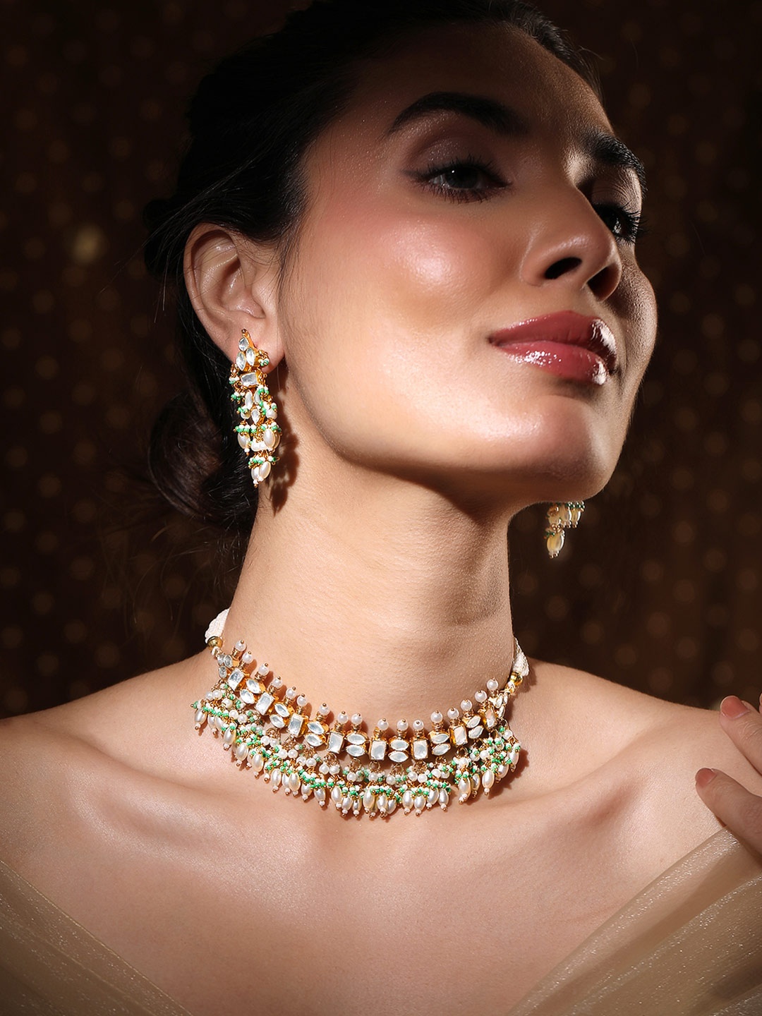 

Rubans 24K Gold-Plated Pachi Kundan Studded Necklace Set with Pearl & Green Bead Details