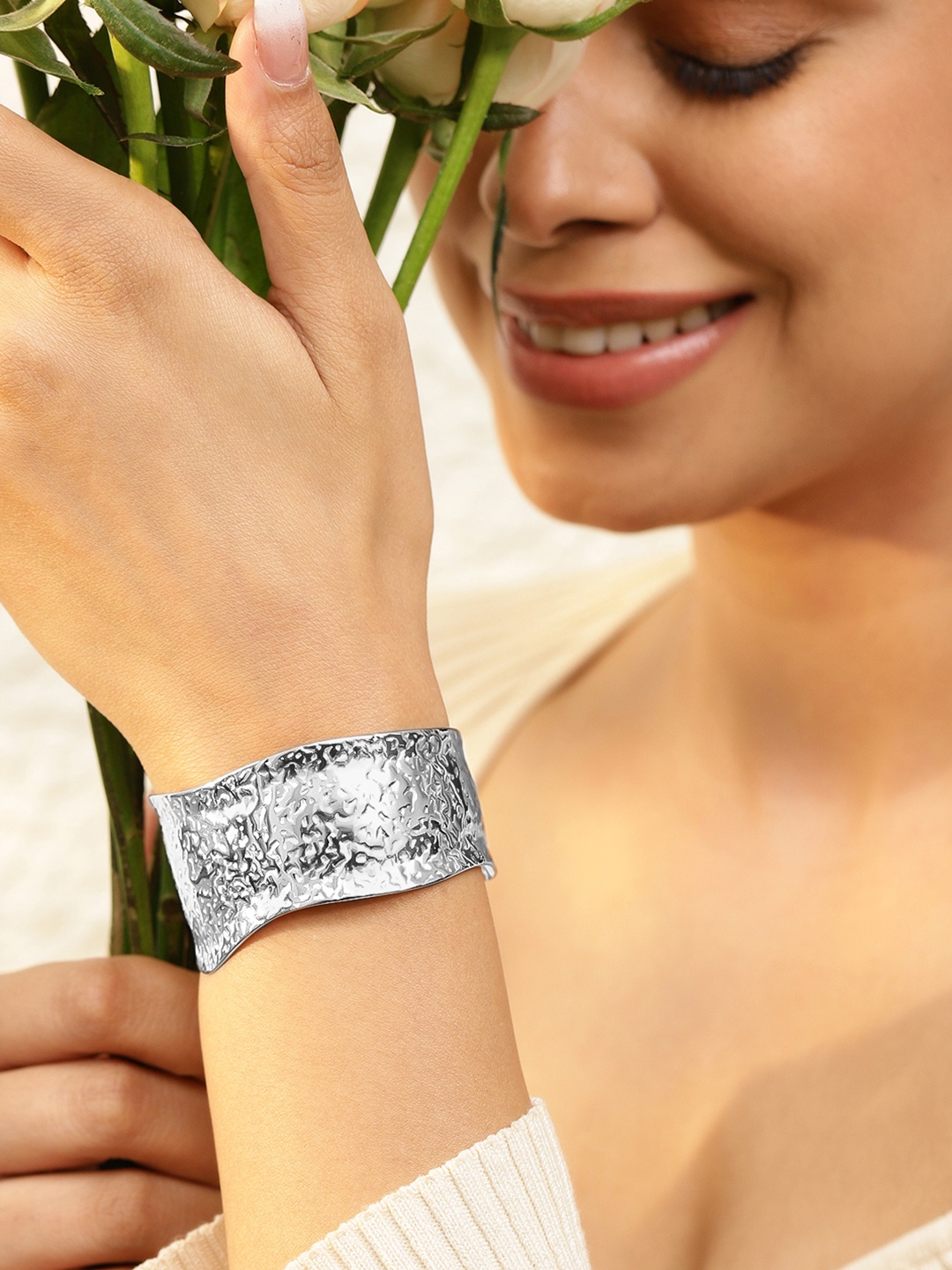 

Rubans Voguish Silver Plated Stainless Steel TarnishFree Demi-Fine Hammered Cuff Bracelet