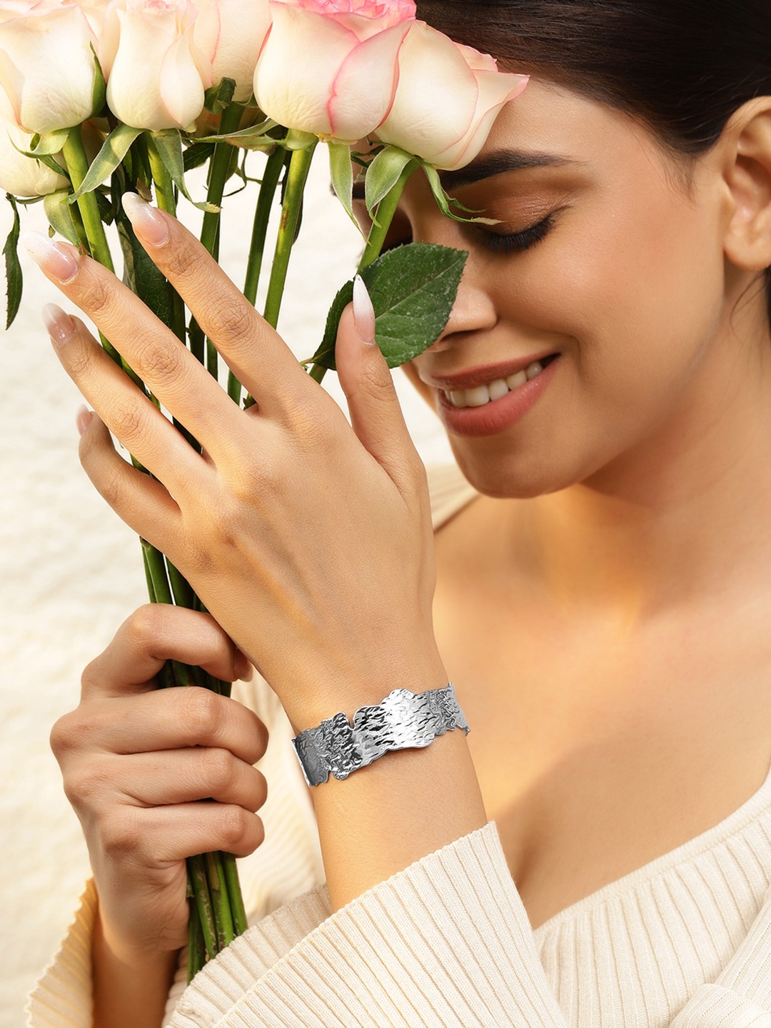 

Rubans Voguish Silver Plated Stainless Steel TarnishFree Demi-Fine Textured Cuff Bracelet