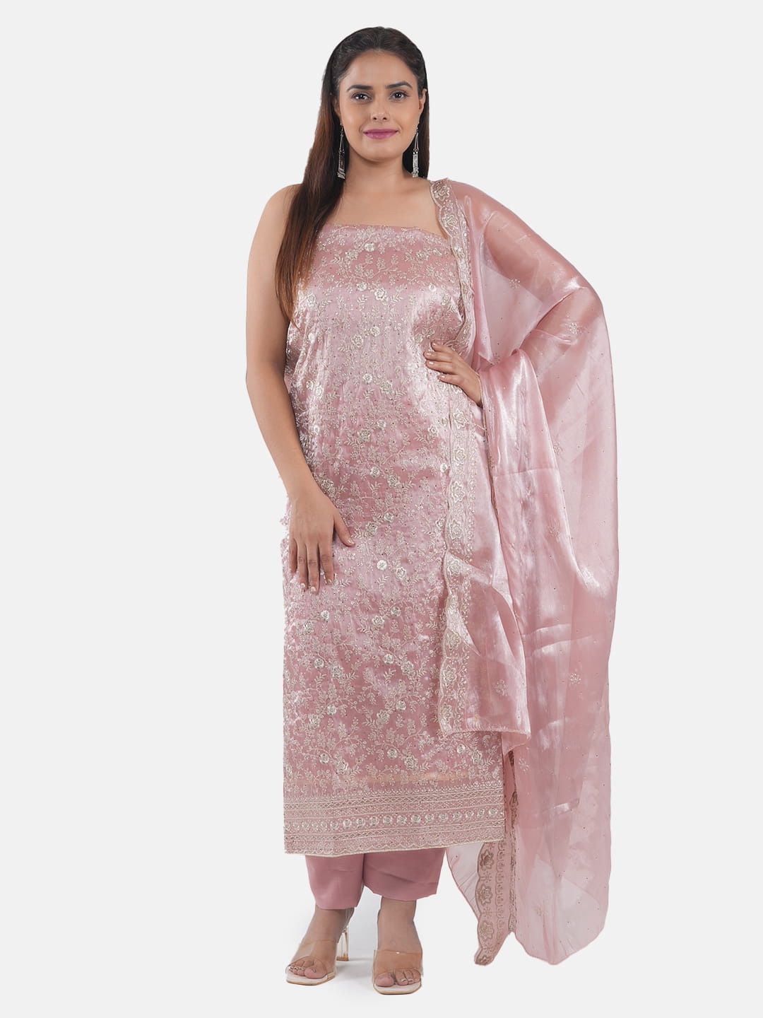 

MOZAFIA Premium Floral Embroidered Zari Unstitched Dress Material, Pink