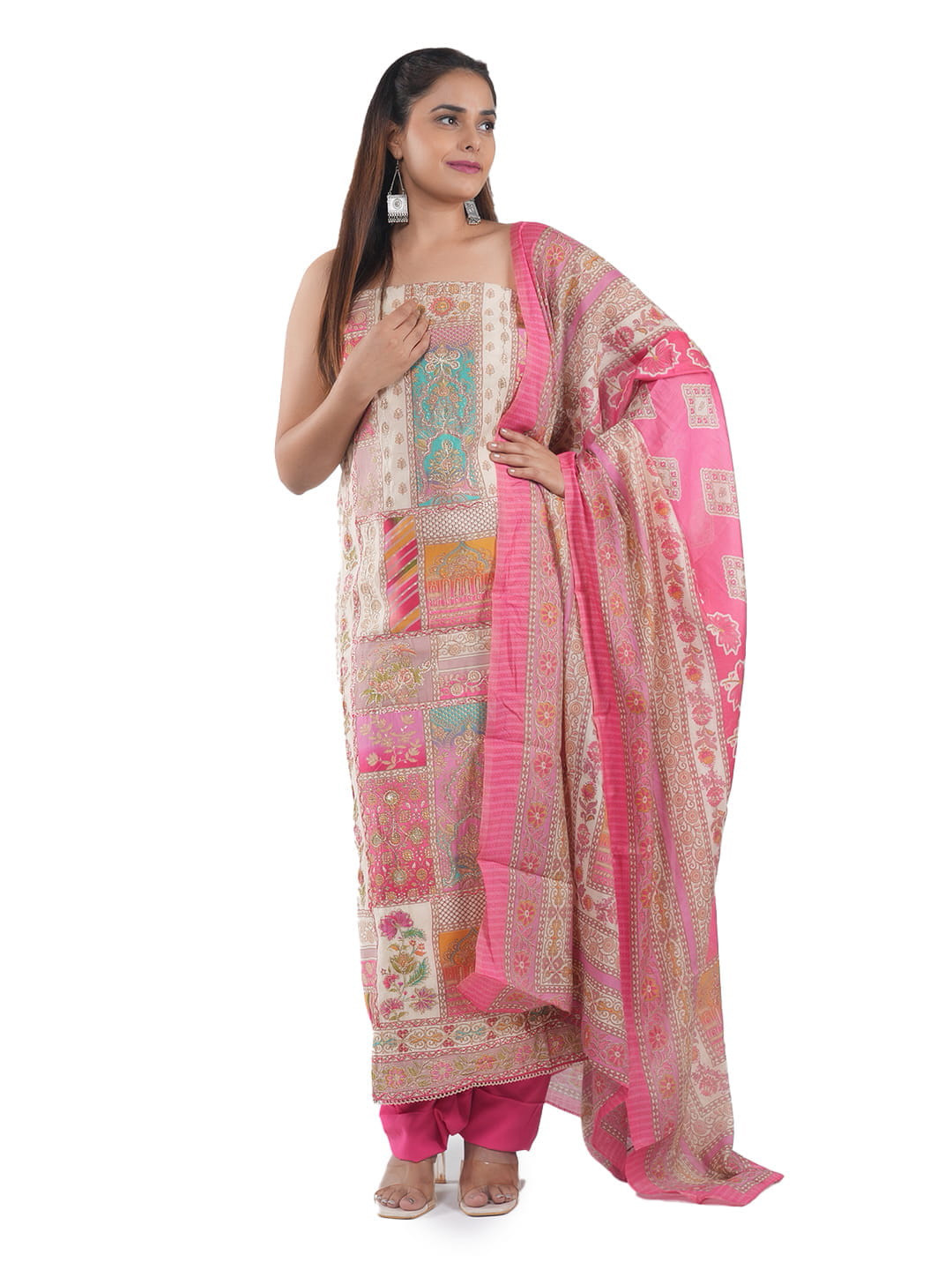 

MOZAFIA Floral Embellished Sequinned Pure Silk Unstitched Dress Material, Pink