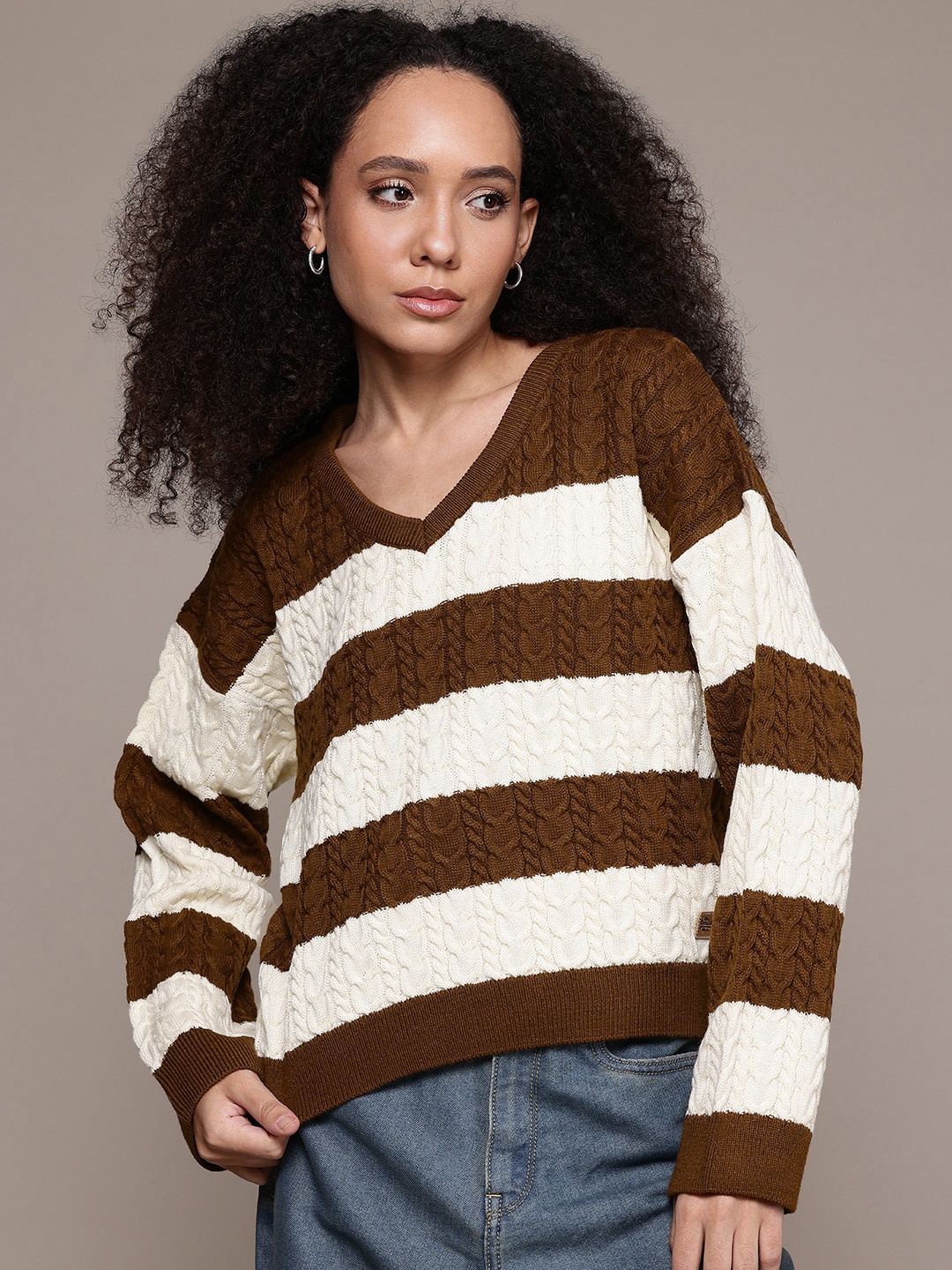 

The Roadster Lifestyle Co. Cable Knit Colourblocked Pullover, Off white