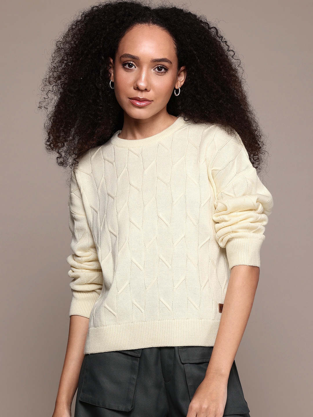

Roadster Self Design Cable Knit Pullover, Cream