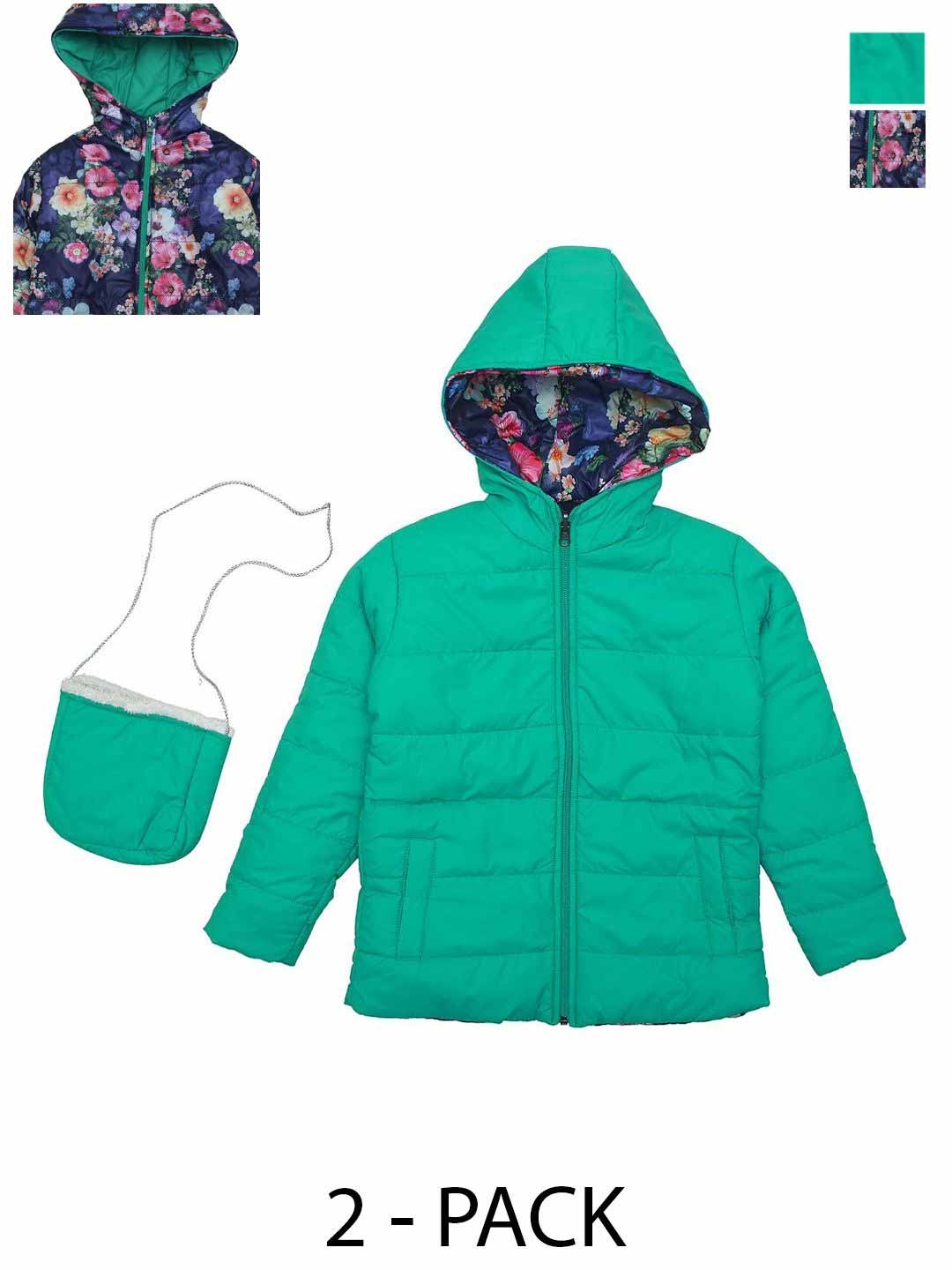 

White Snow Girls Solid Reversible Padded Jacket Comes With Sling Bag, Green