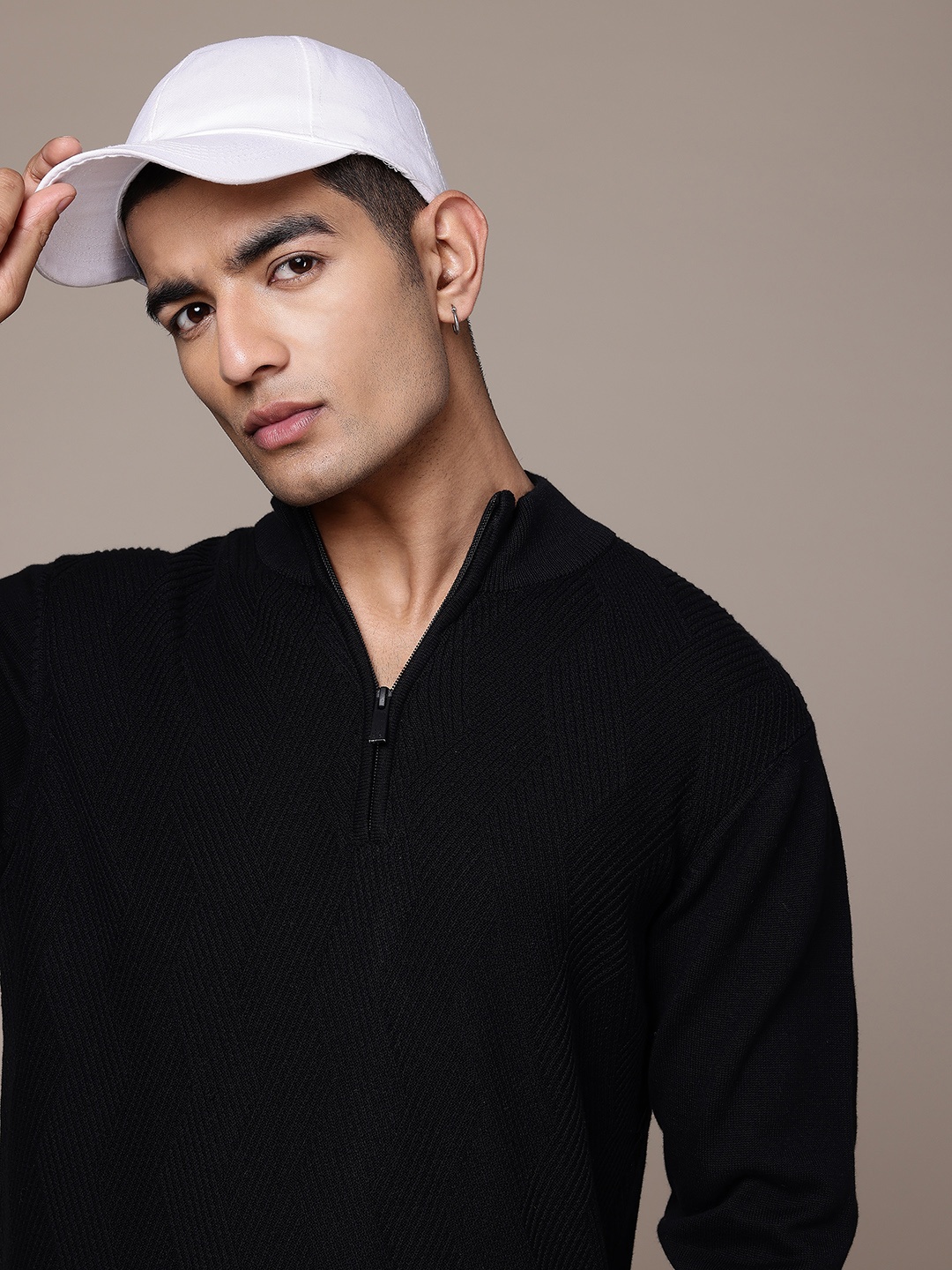 

The Roadster Lifestyle Co. Textured Half Zipper Compact Cotton Pullover, Black