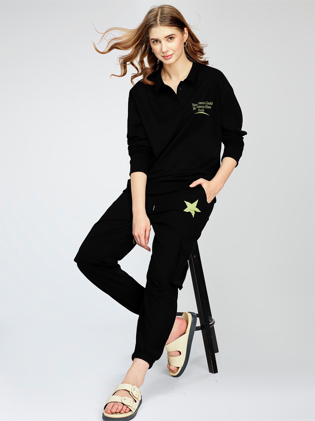 

Zeyo Star & Typography Printed Polo Collar Sweatshirt With Cargo Joggers, Black