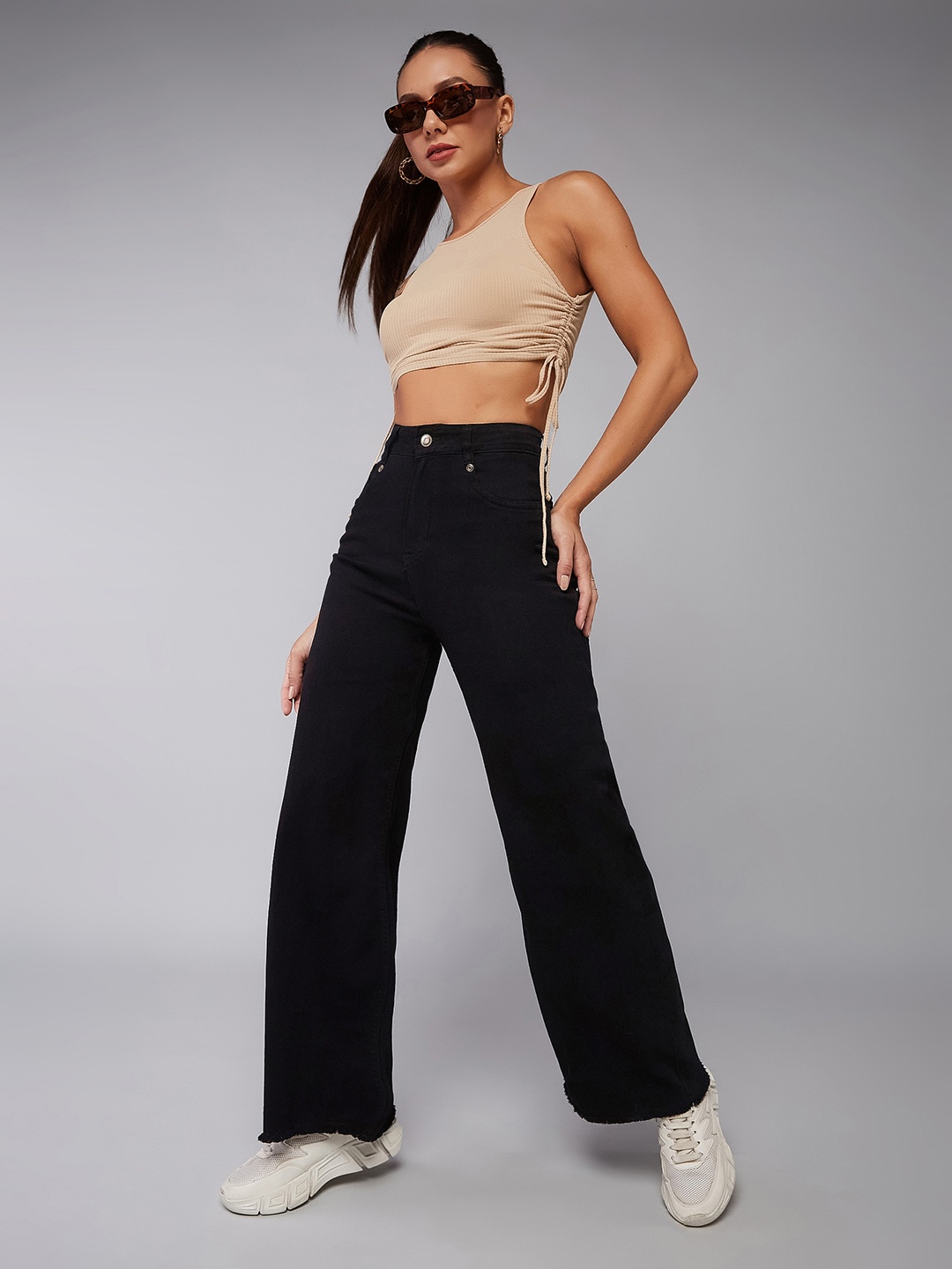 

DOLCE CRUDO Women Wide Leg High-Rise Stretchable Jeans, Black