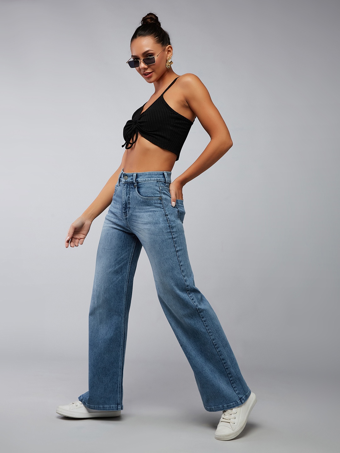 

DOLCE CRUDO Women Wide Leg High-Rise Stretchable Jeans, Blue
