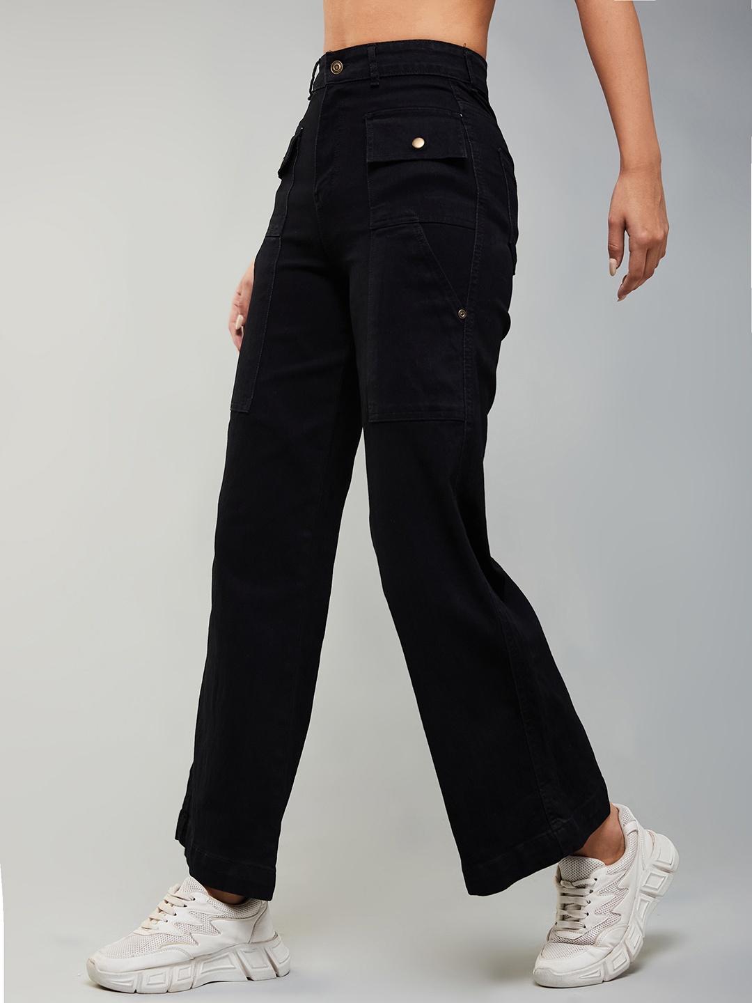 

DOLCE CRUDO Women Wide Leg High-Rise Stretchable Jeans, Black