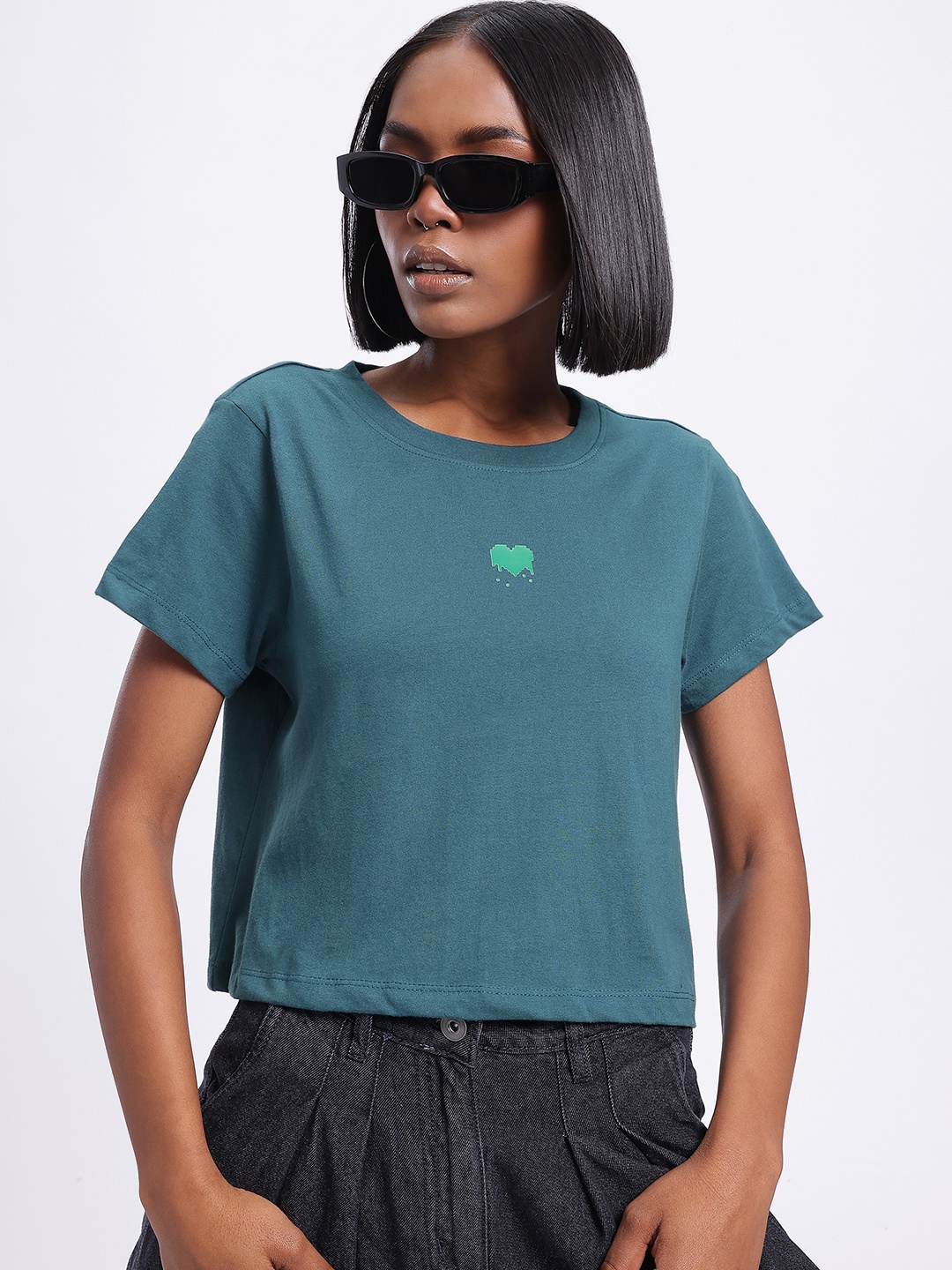 

glitchez Tiny Heart Tease Print Crop T-shirt, Teal