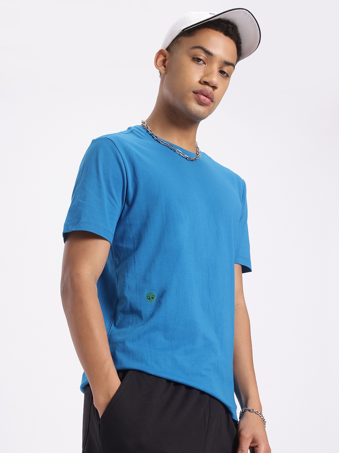 

glitchez Aliens Calling Round-Neck Pure Cotton Regular Fit T-shirt, Blue