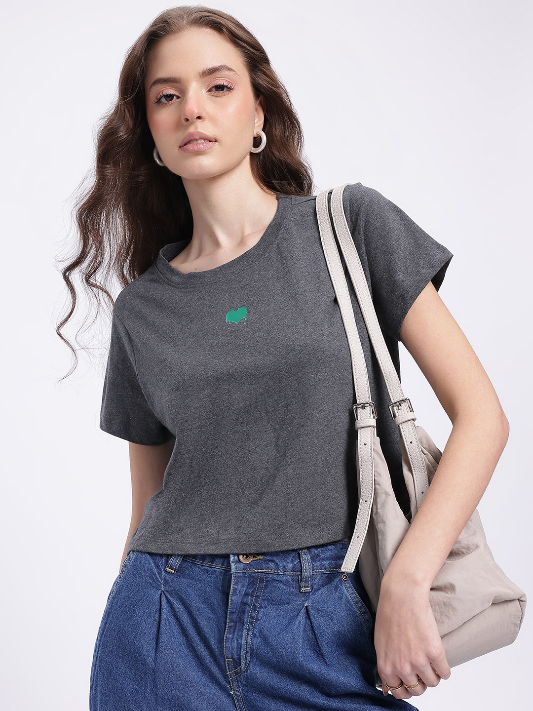 

glitchez Minimal Love Print Crop T-shirt, Charcoal