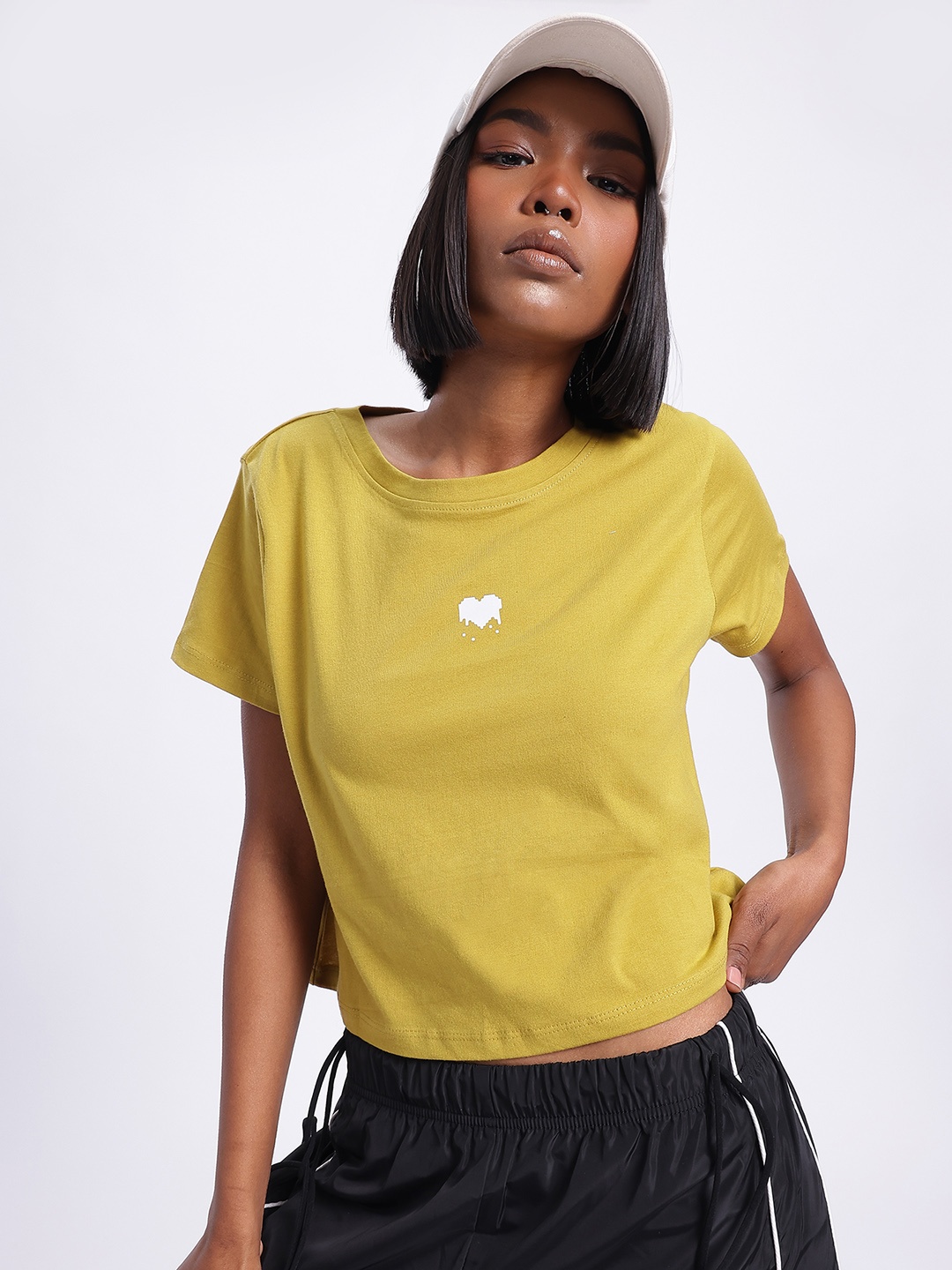 

glitchez Subtle Love Print Crop T-shirt, Mustard