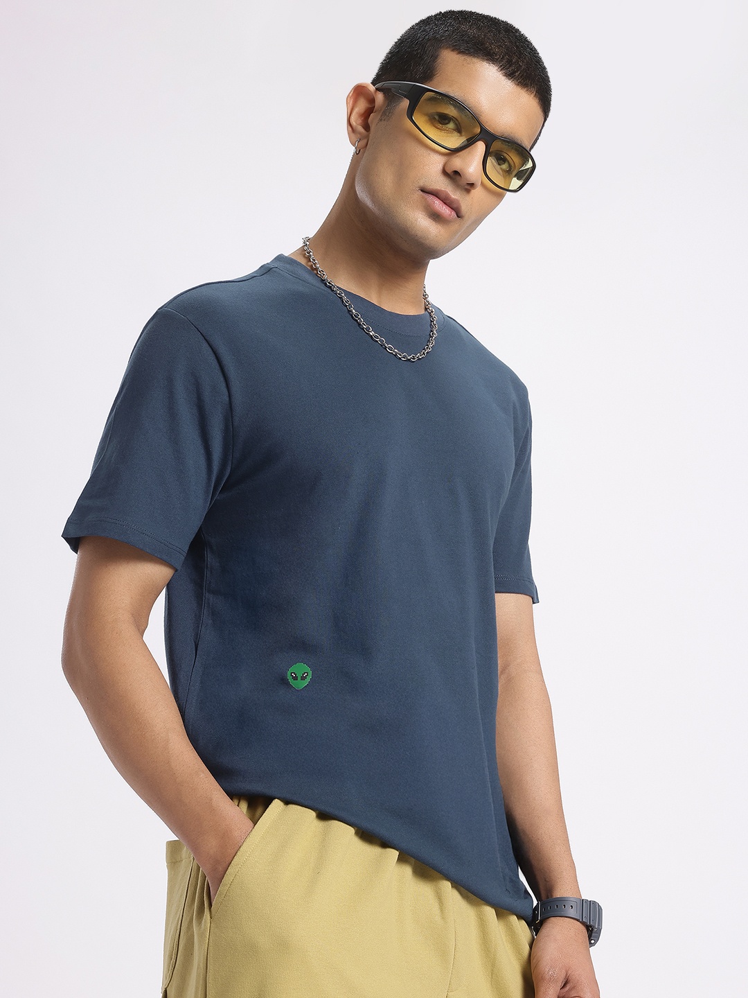 

glitchez Cosmic Cool Round-Neck Pure Cotton Regular Fit T-shirt, Navy blue