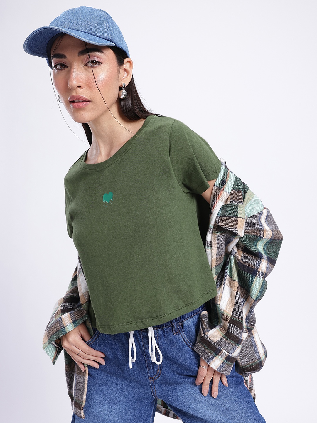 

glitchez Muted Vibes Print Crop T-shirt, Olive