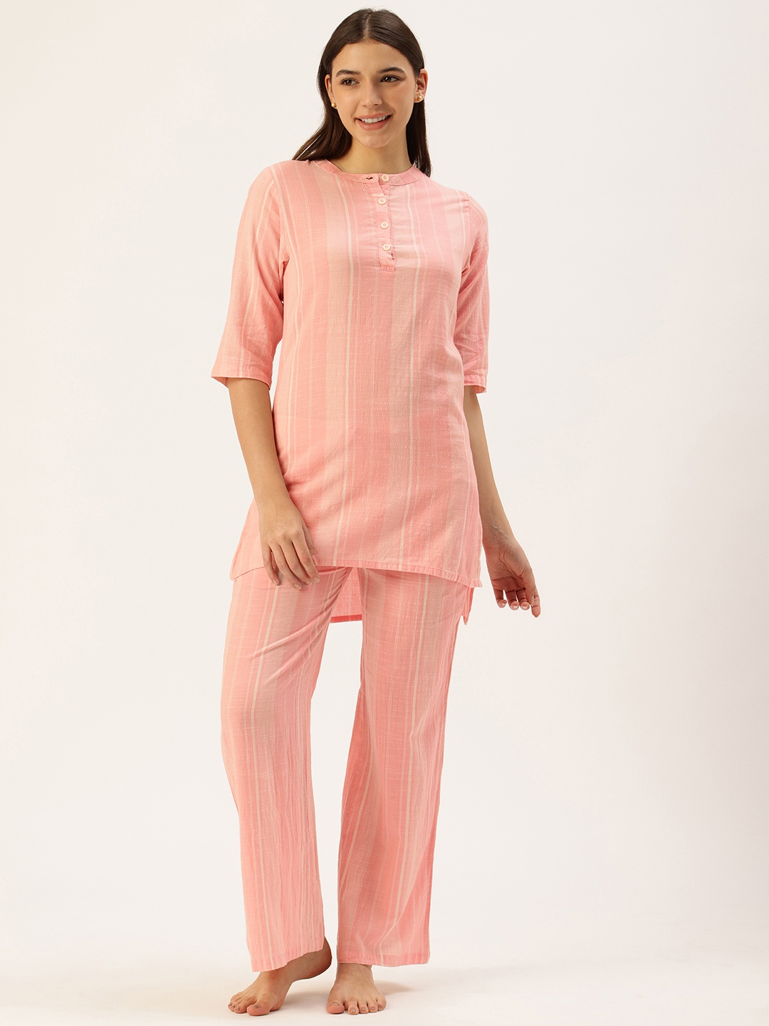 

Clt.s Pure Cotton Striped Kurti With Pyjamas Night Suit, Peach