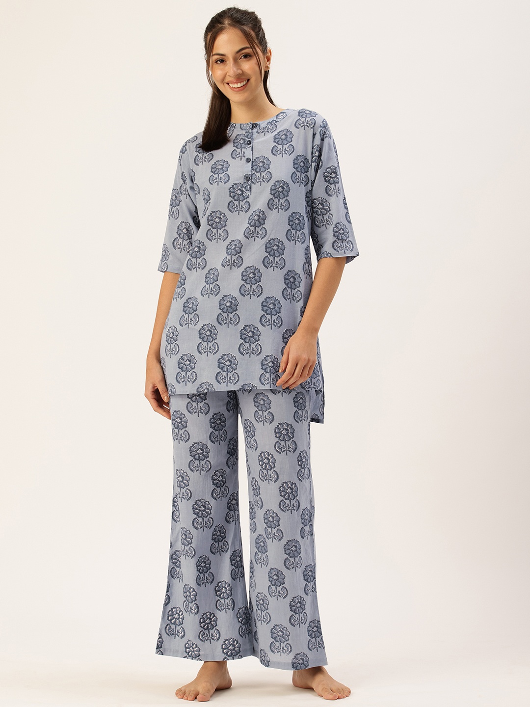 

Clt.s Pure Cotton Floral Printed Kurti With Pyjamas Night Suit, Blue