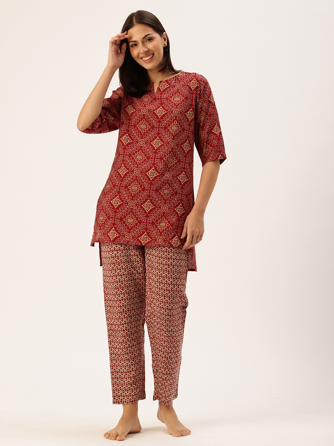 

Clt.s Ethnic Motifs Printed Kurti With Pyjamas Night Suit, Maroon