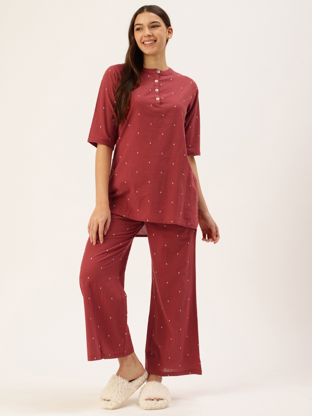 

Clt.s Polka Dot Printed Kurta & Palazzo Pure Cotton Night Suit, Red
