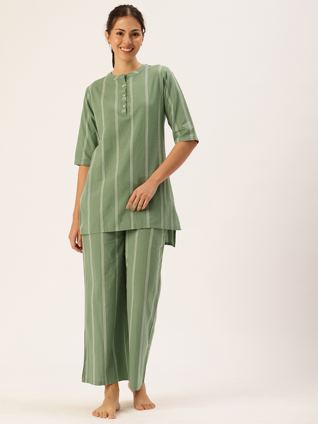 

Clt.s Pure Cotton Striped Kurti With Pyjamas Night Suit, Green