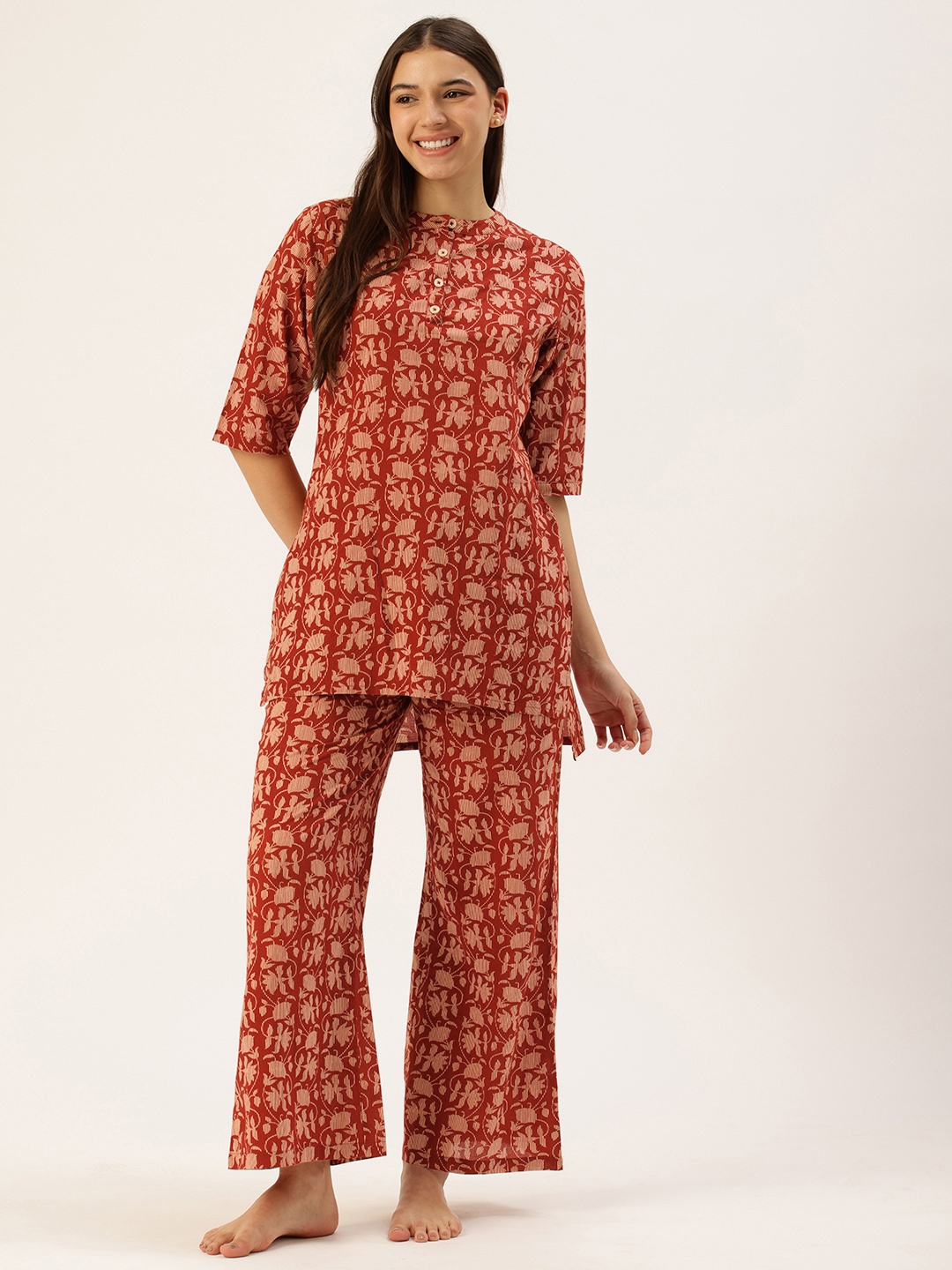 

Clt.s Pure Cotton Floral Printed Kurti With Pyjamas Night Suit, Maroon