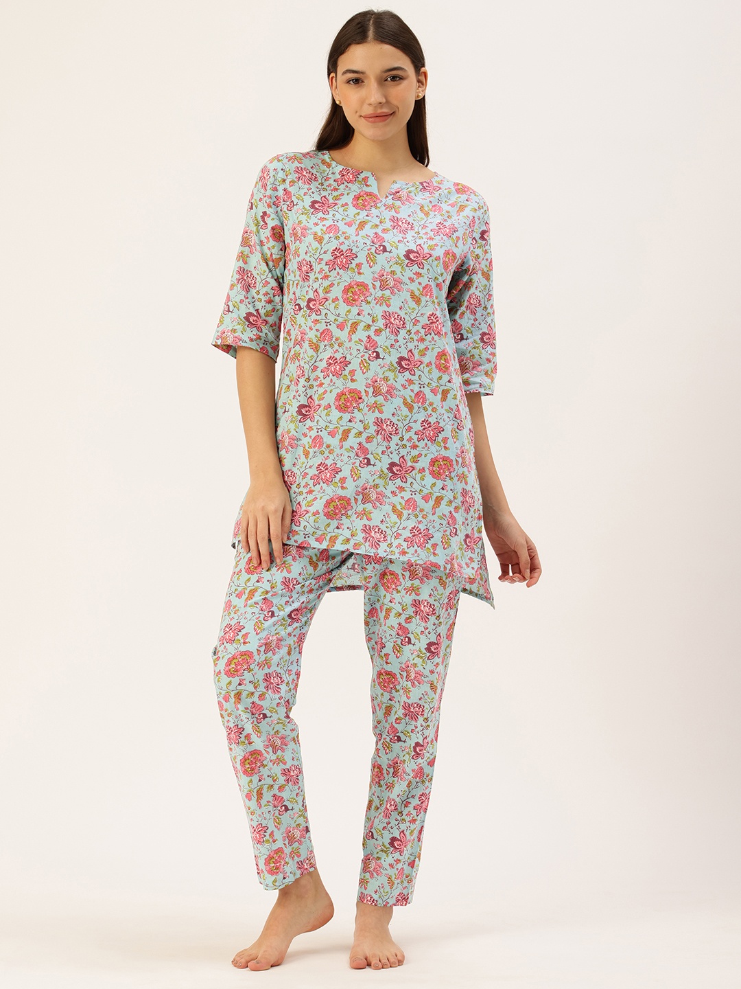 

Clt.s Pure Cotton Floral Printed Kurti With Pyjamas Night Suit, Blue