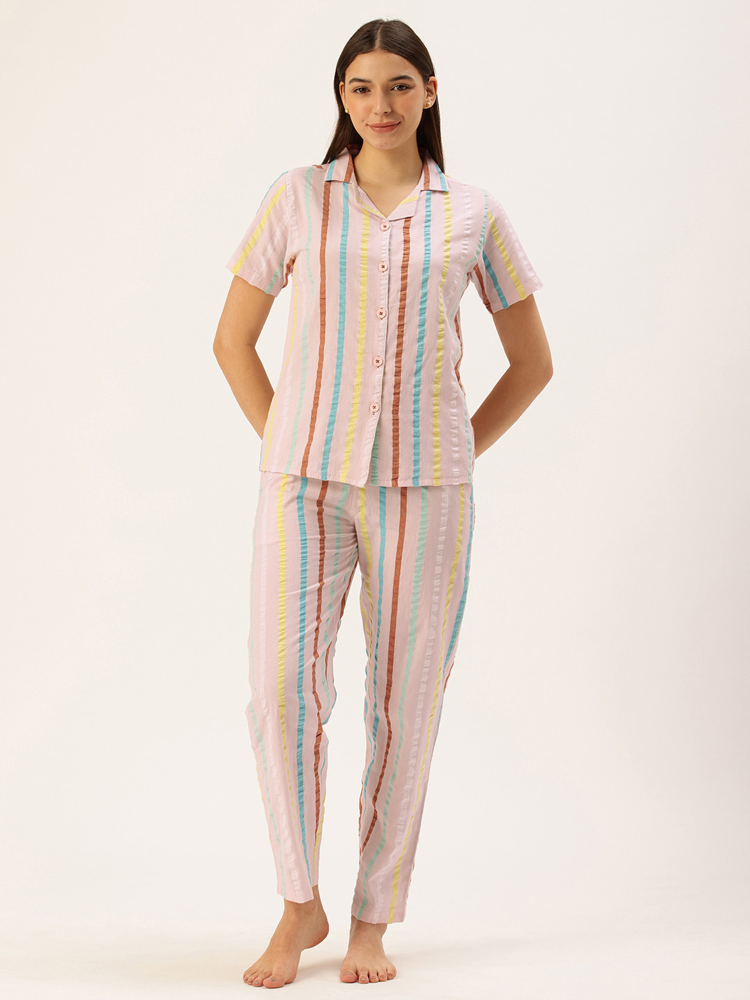 

Clt.s Women Pure Cotton Striped Shirt With Pyjamas Night suits, Multi