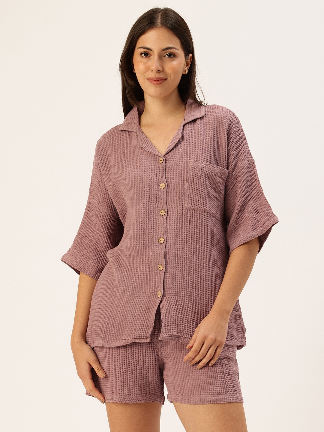 

Clt.s Women Pure Cotton Self Design Textured Shirt With Shorts Night suits, Mauve