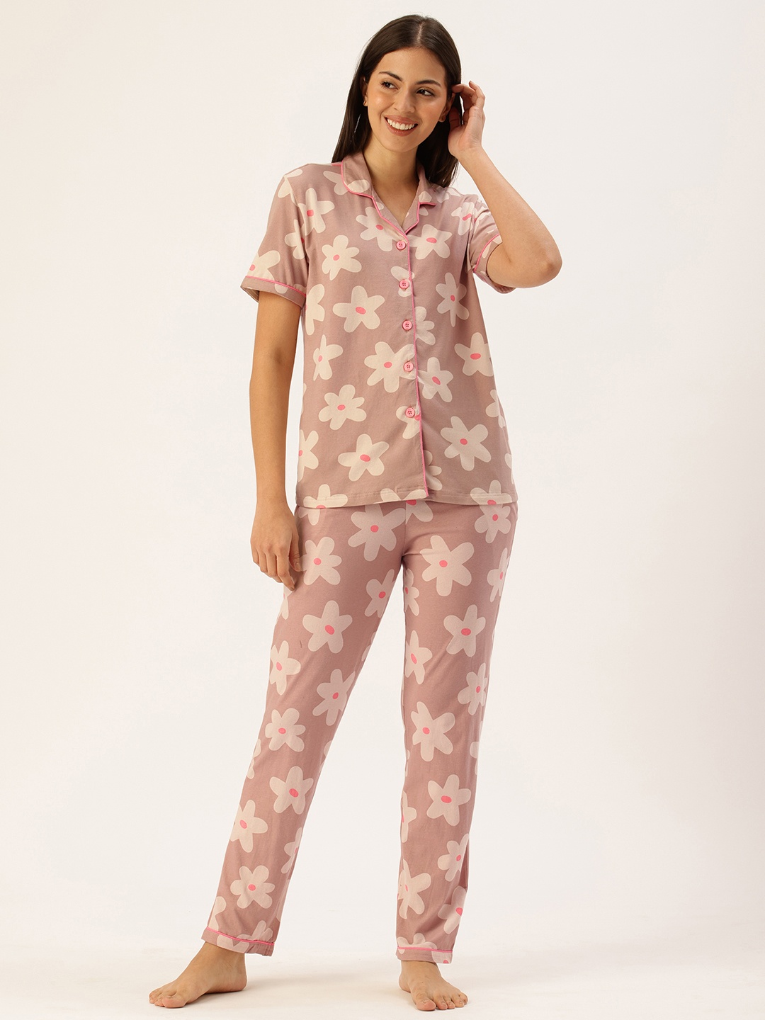 

Clt.s Women Pure Cotton Floral Printed Shirt With Pyjamas Night suits, Brown