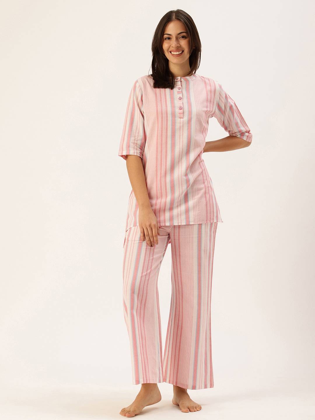 

Clt.s Women Pure Cotton Striped Kurti With Pyjamas Night suits, Peach