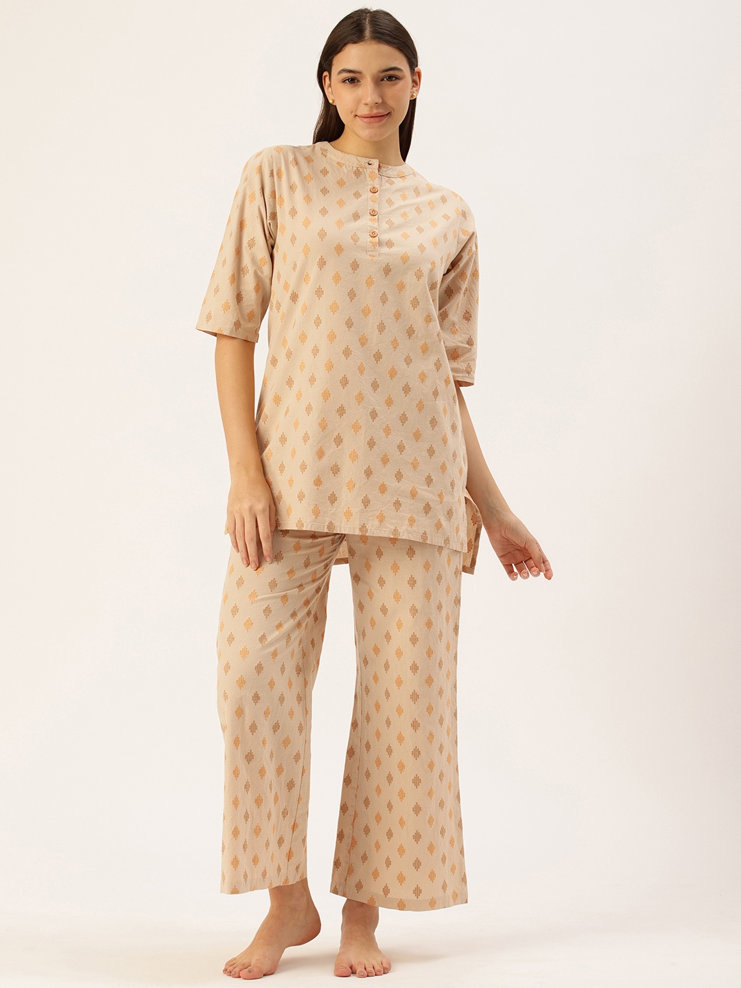 

Clt.s Pure Cotton Geometric Self Design Kurti With Pyjamas Night Suit, Beige