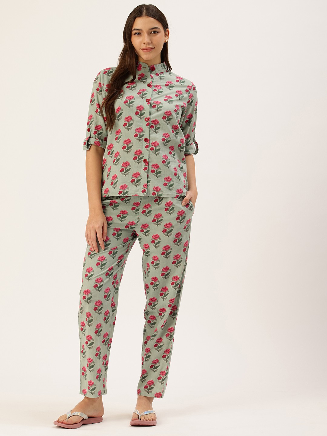 

Clt.s Floral Printed Pure Cotton Night Suit, Green