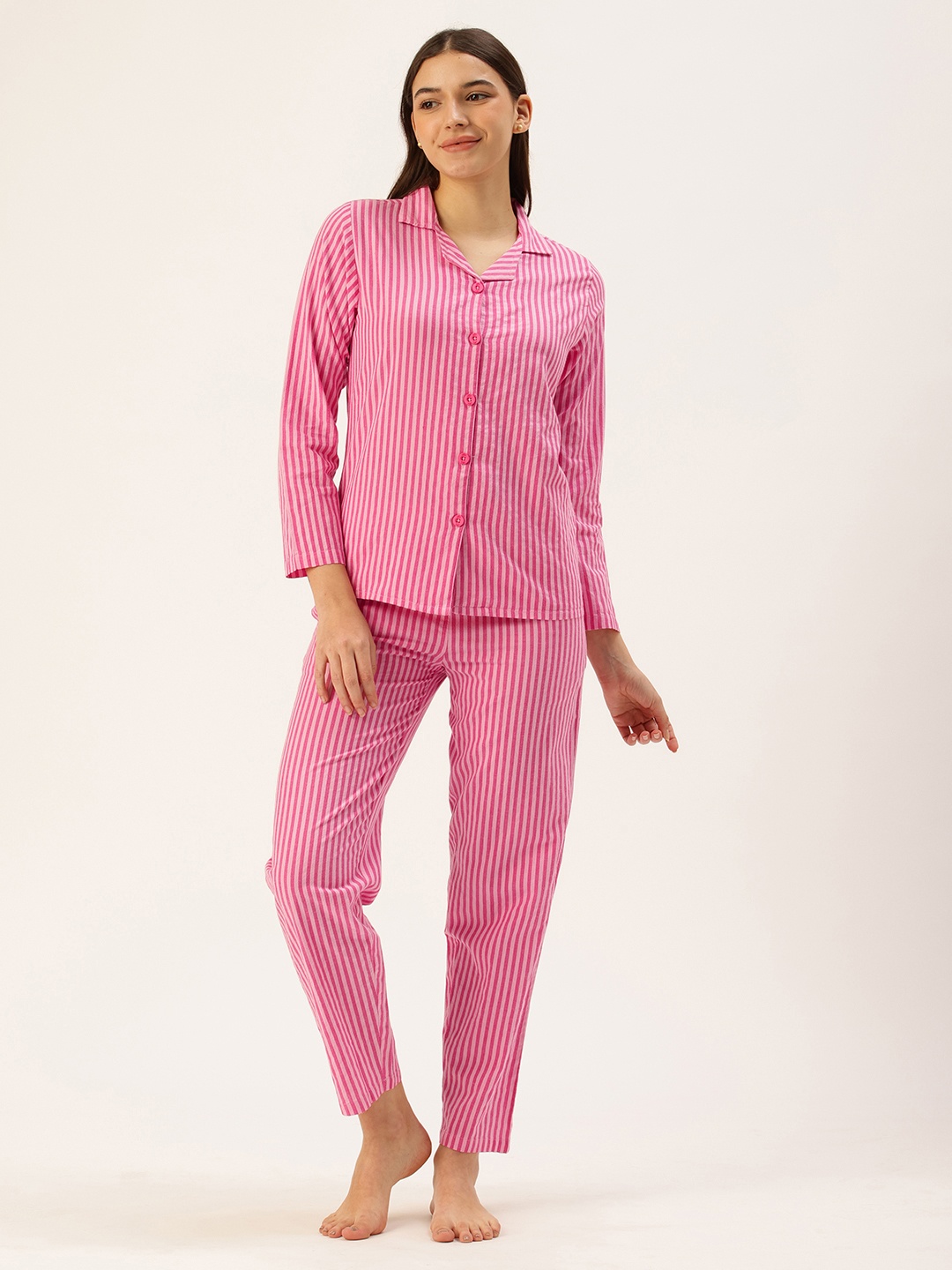 

Clt.s Women Pure Cotton Striped Shirt With Pyjamas Night suits, Pink