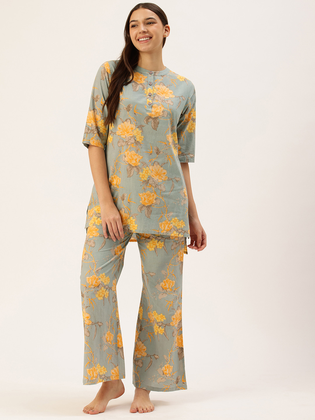 

Clt.s Floral Printed Kurta & Palazzo Pure Cotton Night Suit, Blue