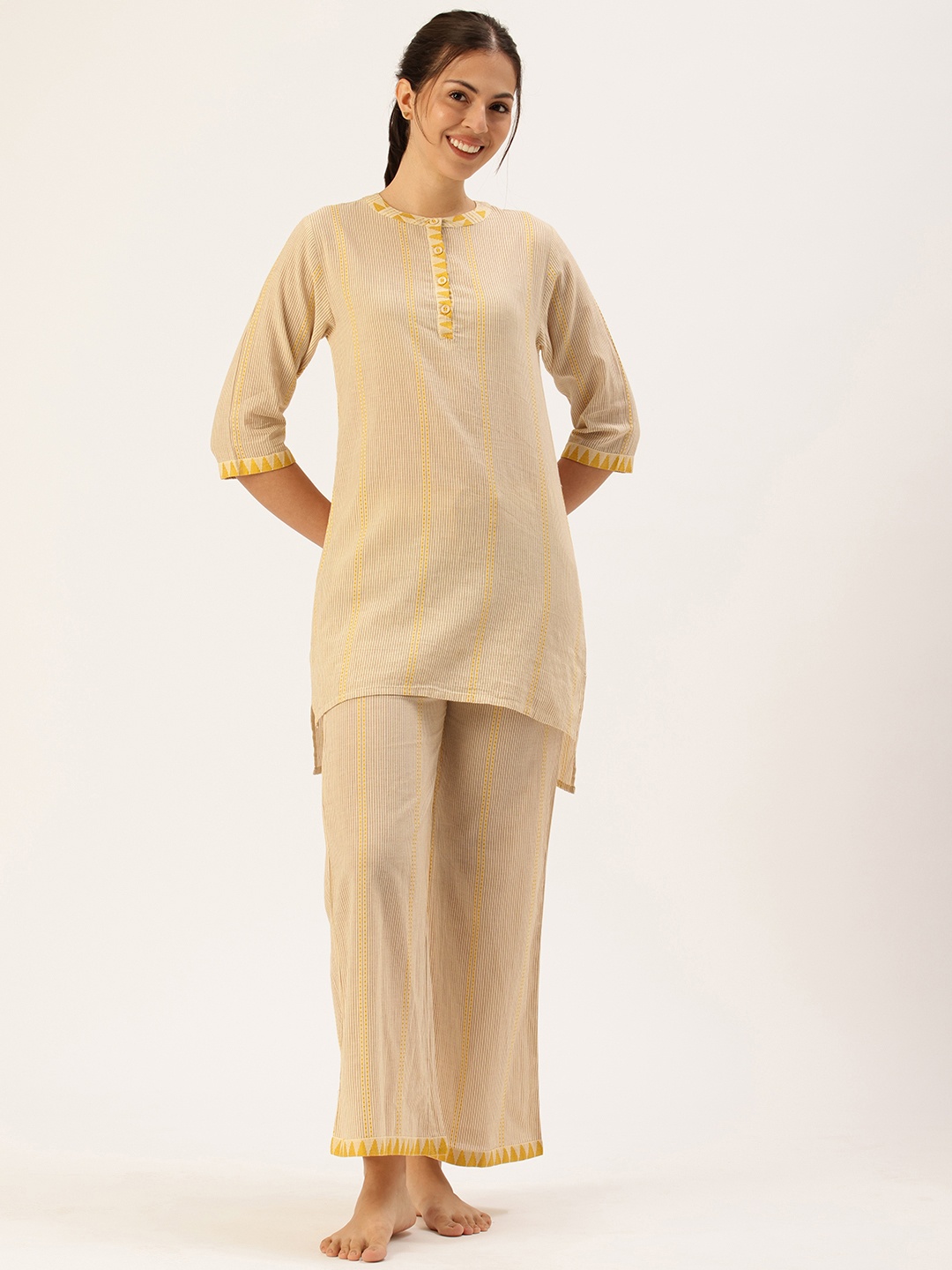 

Clt.s Pure Cotton Striped Kurti With Pyjamas Night Suit, Beige