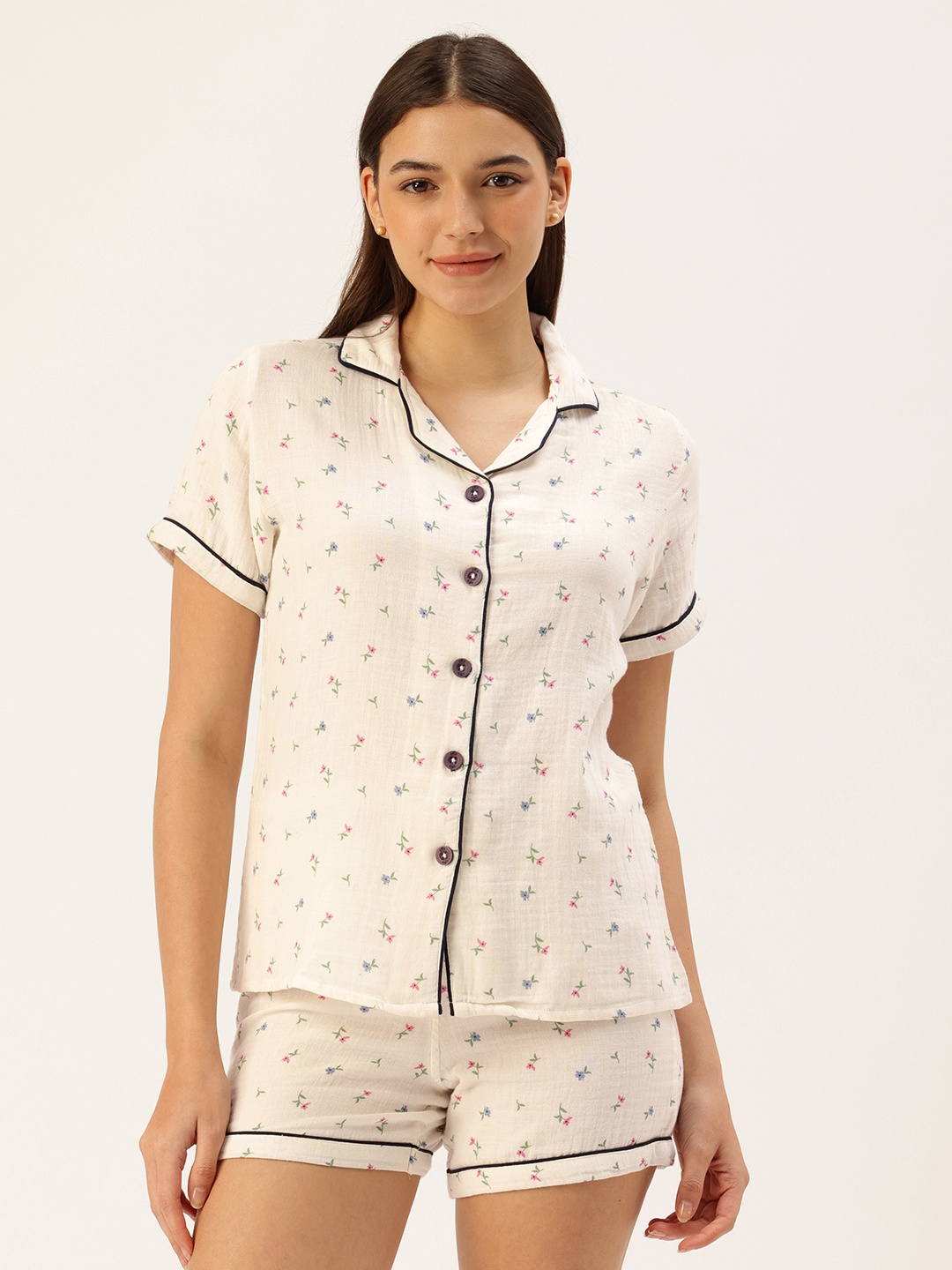 

Clt.s Women Pure Cotton Floral Printed Shirt With Shorts Night suits, White