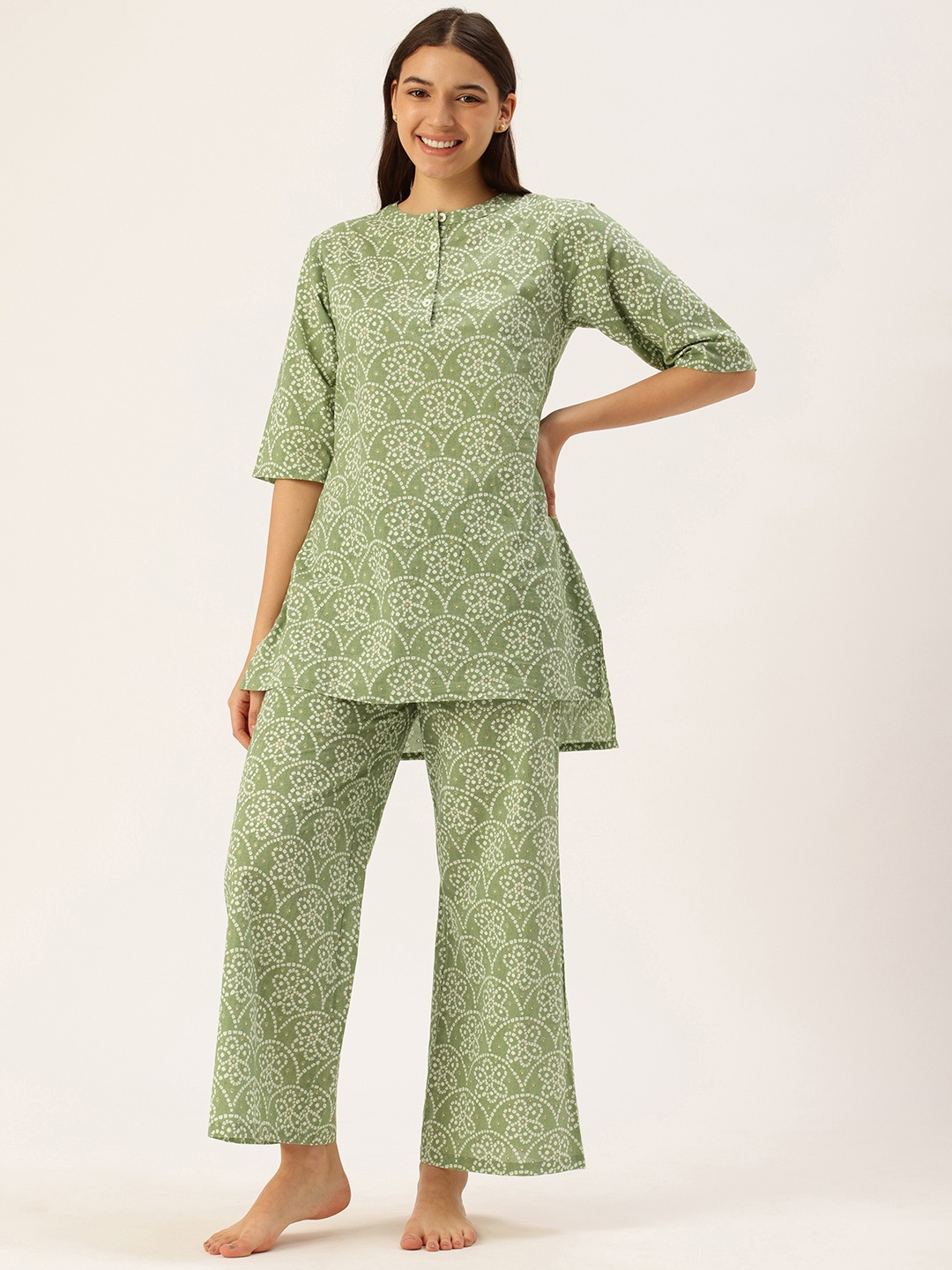 

Clt.s Pure Cotton Floral Printed Kurti With Pyjamas Night Suit, Green