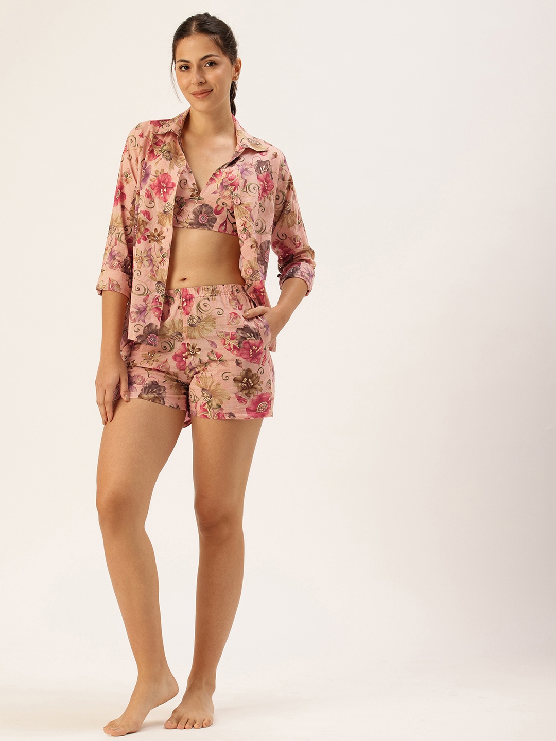 

Clt.s Floral Printed Pure Cotton Beach Set with Cover Up, Pink