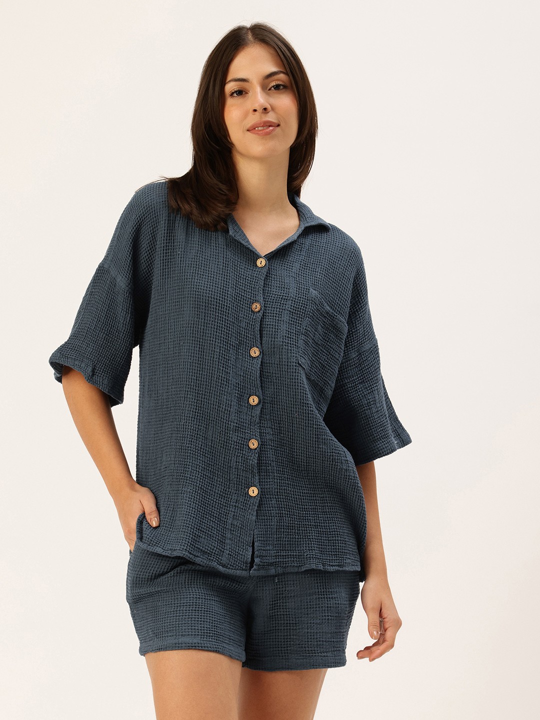

Clt.s Women Pure Cotton Self Design Textured Shirt With Shorts Night suits, Navy blue