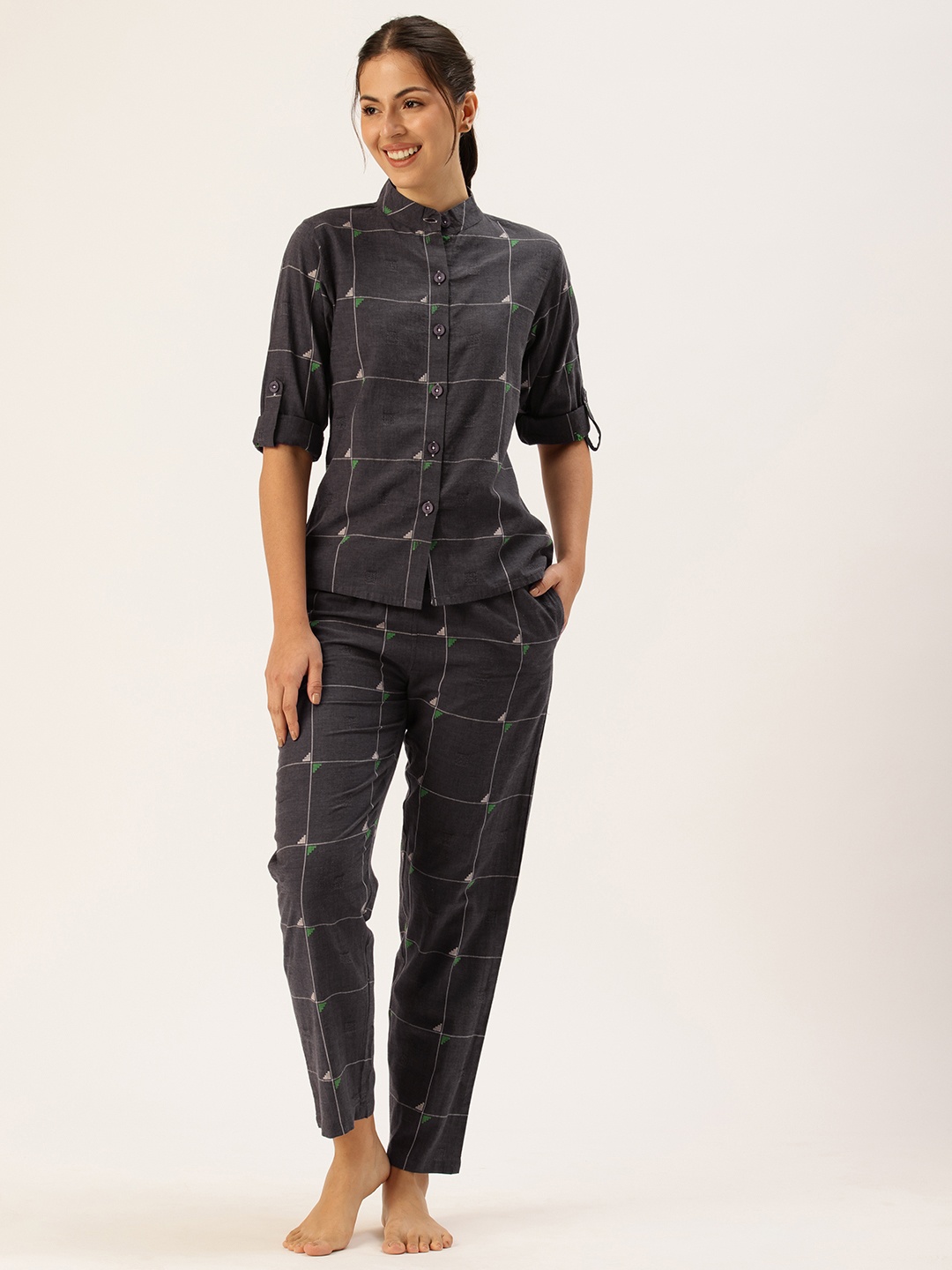 

Clt.s Pure Cotton Checked Shirt With Pyjamas Night Suit, Charcoal