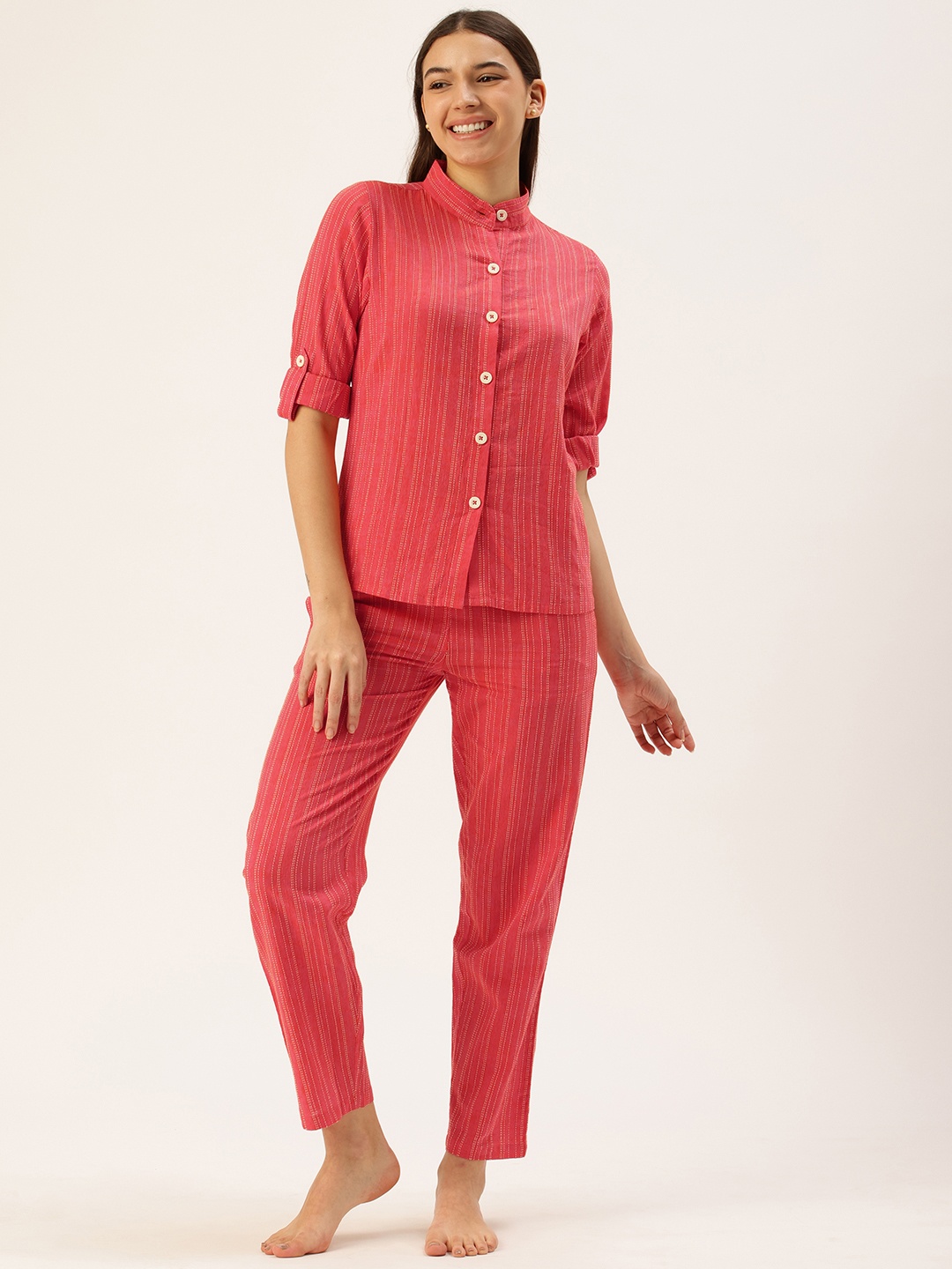 

Clt.s Pure Cotton Self Striped Shirt With Pyjamas Night Suit, Rust