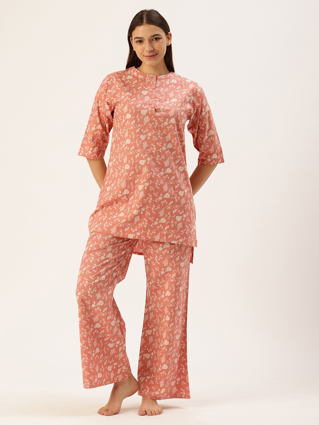 

Clt.s Women Pure Cotton Floral Printed Kurti With Pyjamas Night suits, Peach