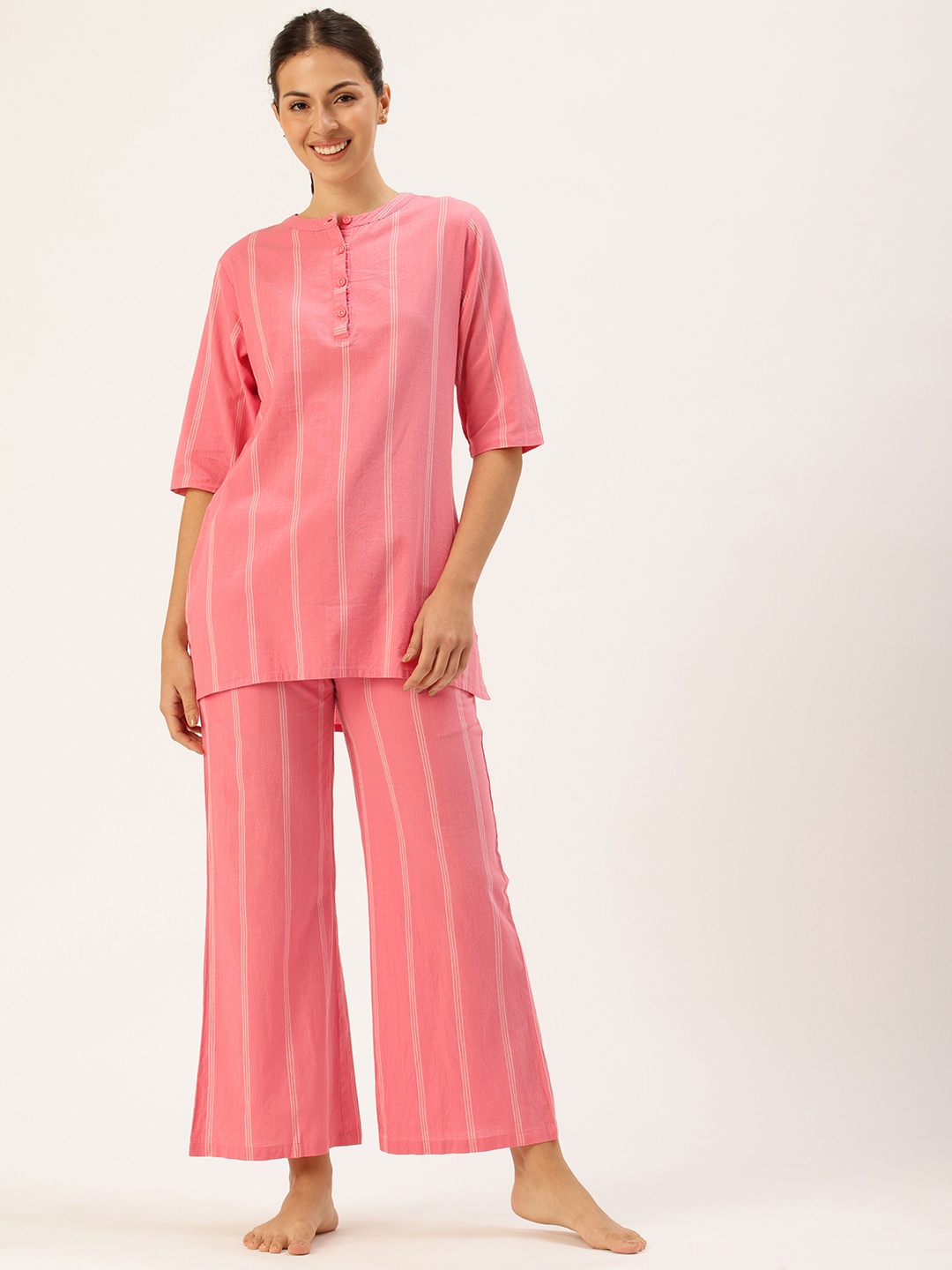 

Clt.s Pure Cotton Striped Kurti With Pyjamas Night Suit, Pink