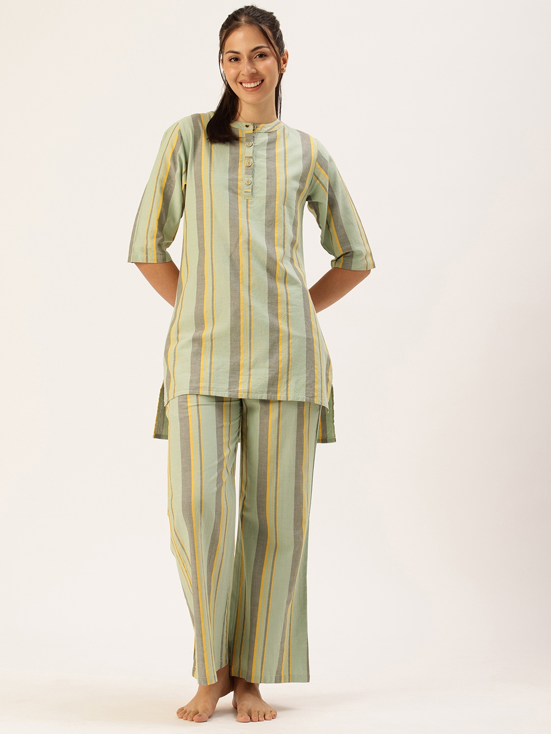 

Clt.s Women Pure Cotton Striped Kurti With Pyjamas Night suits, Green