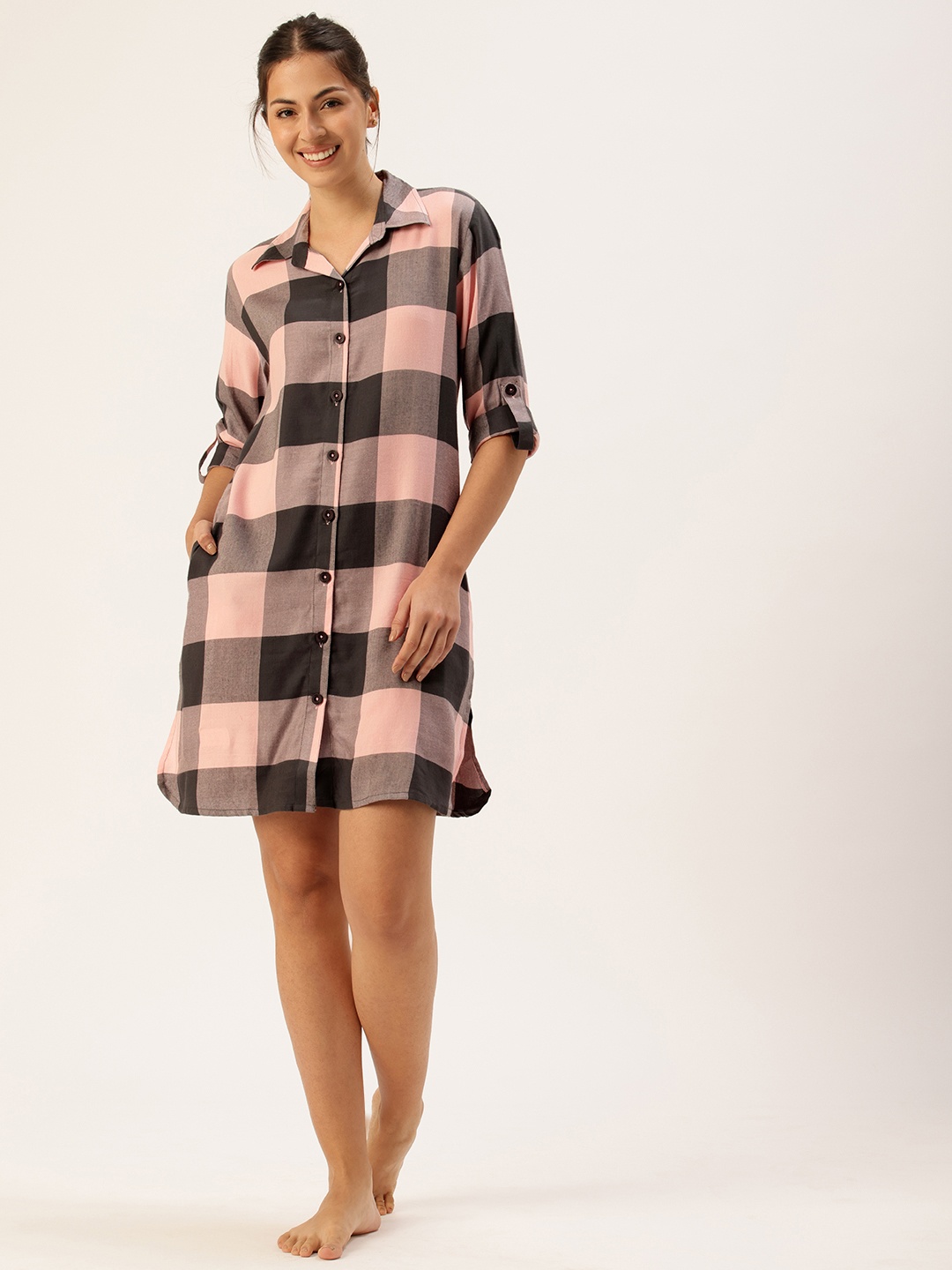 

Clt.s Checked Long Sleeves Shirt Style Nightdress, Pink