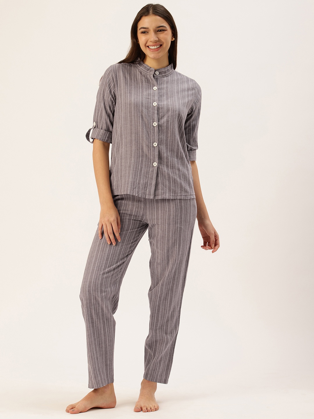 

Clt.s Pure Cotton Self Striped Shirt With Pyjamas Night Suit, Grey