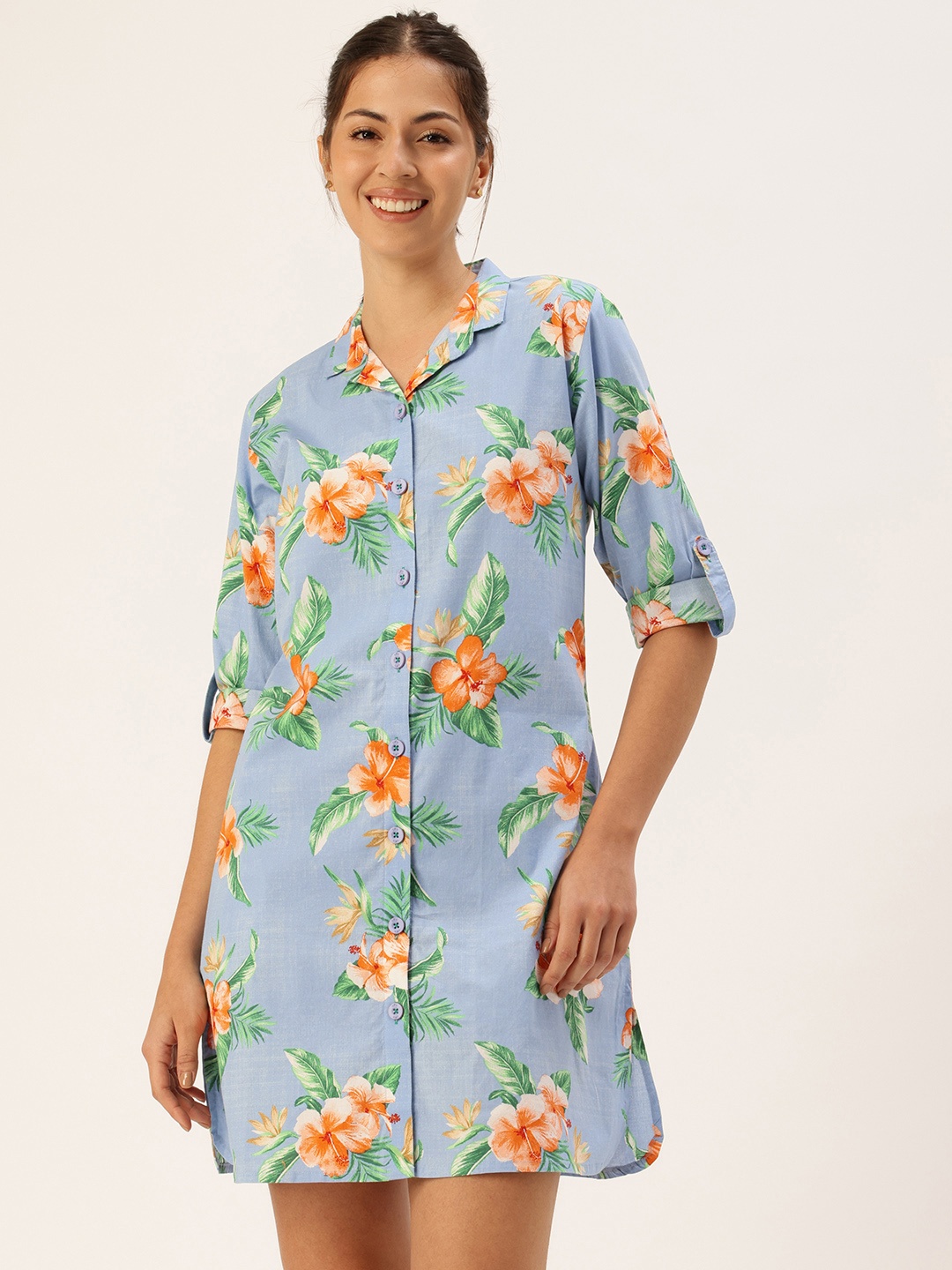 

Clt.s Floral Printed Shirt Style Pure Cotton Nightdress, Blue